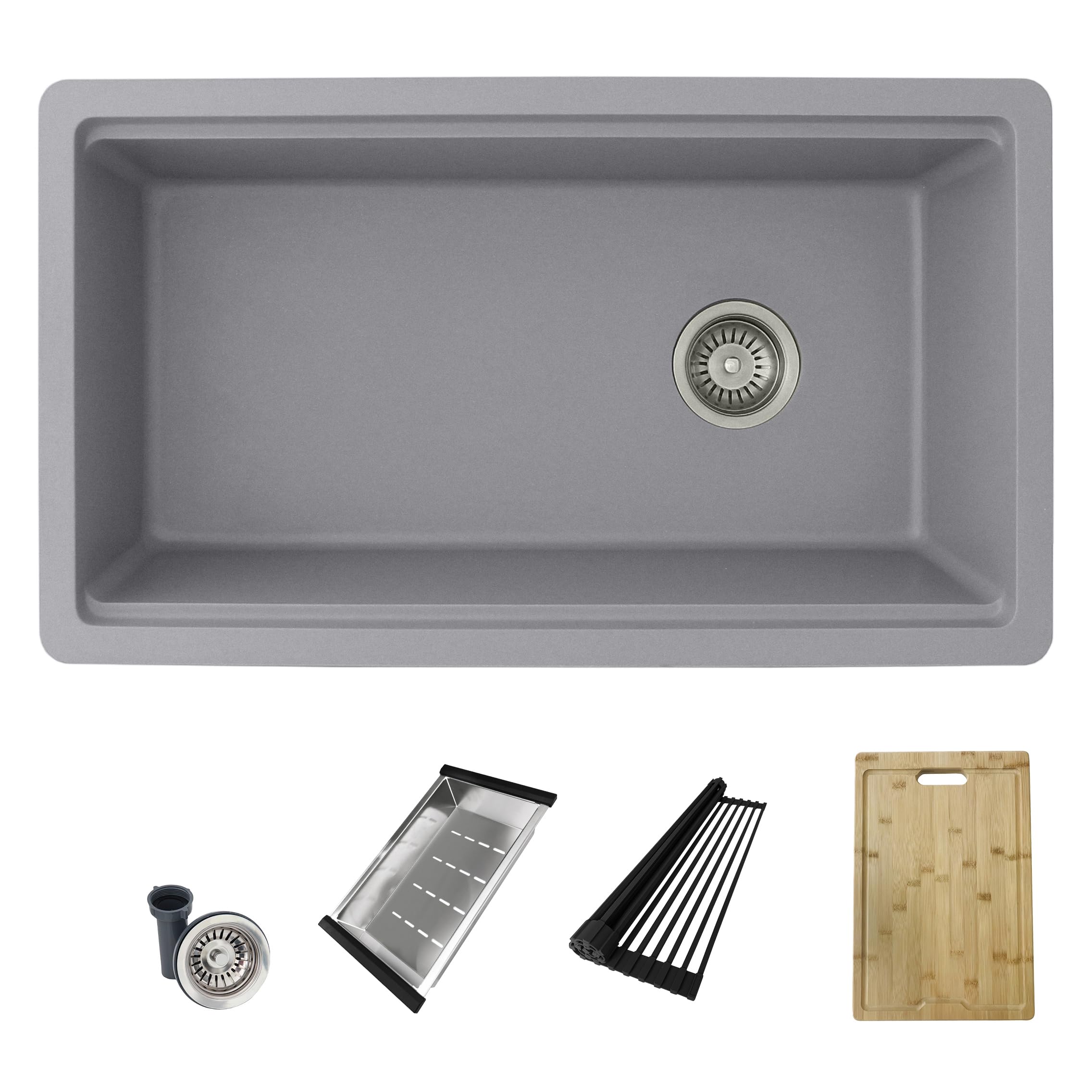 32 x 18 Inch Drop In or Undermount Kitchen Sink - Single Bowl Granite Composite Reversible Workstation with Strainer, Colander, Drying Rack & Cutting Board - Perfect for Modern Kitchens & Food Prep (Grey, S-832WL)