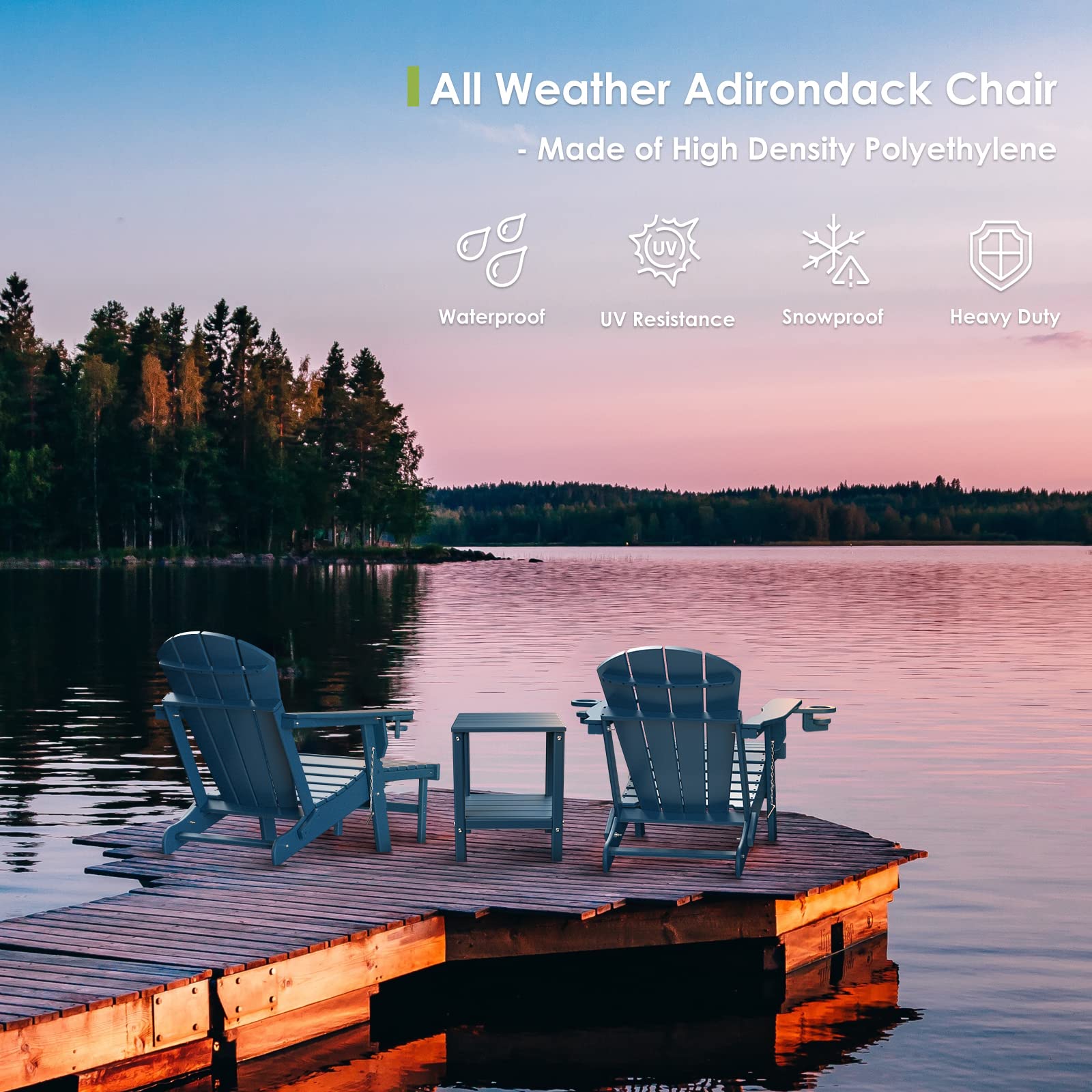 Premium Folding Adirondack Chair with Ottoman & Retractable Footrest - All-Weather HDPE Plastic Outdoor Lounge Chair - Blue Fire Pit Chair with Cup Holders - Perfect for Poolside, Patio, Garden & Backyard Relaxation