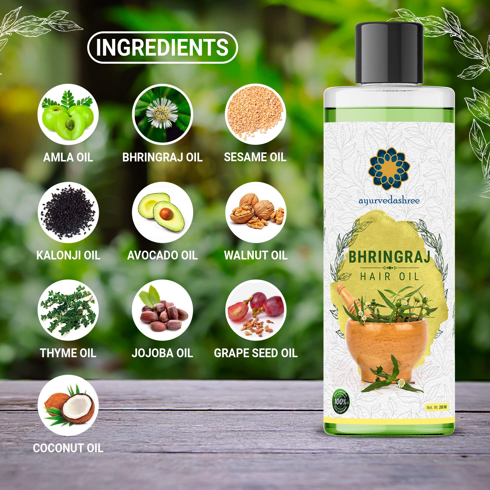 AYURVEDASHREE Bhringraj Hair Oil 200ml - Natural Hair Growth Treatment with Bhringraj, Amla, Kalonji, Sesame, Avocado, Walnut, Thyme, Jojoba, Grape Seed & Coconut Oils | Promotes Stronger, Healthier Hair for Men & Women | Perfect for Daily Hair Care & Scalp Massage
