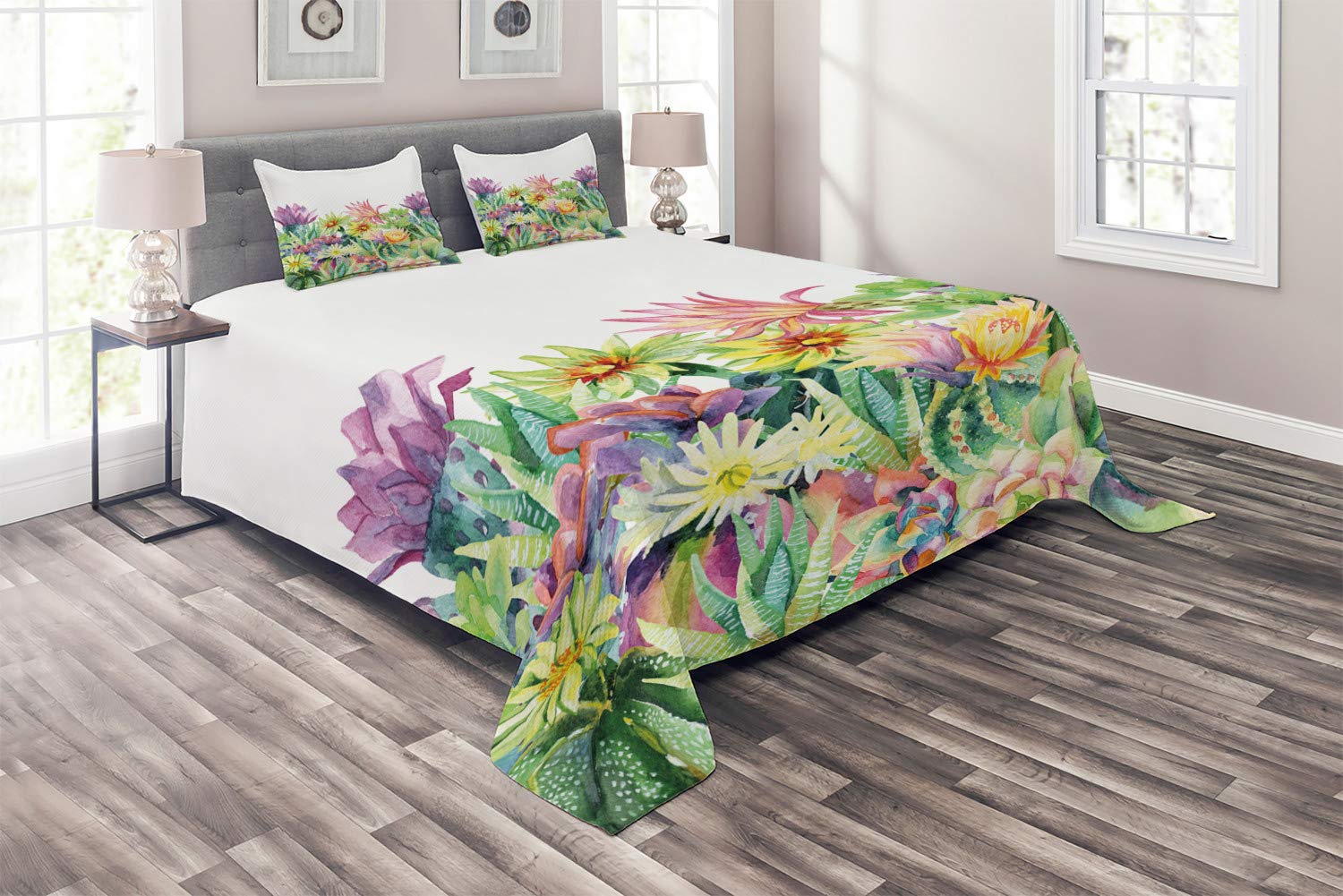 Ambesonne Watercolor Quilt Set - King Size 3-Piece Bedspread with 2 Pillow Shams, Abstract Floral Botanical Design in Multicolor | Luxury Bedding for Master Bedroom, Guest Room & Home Decor