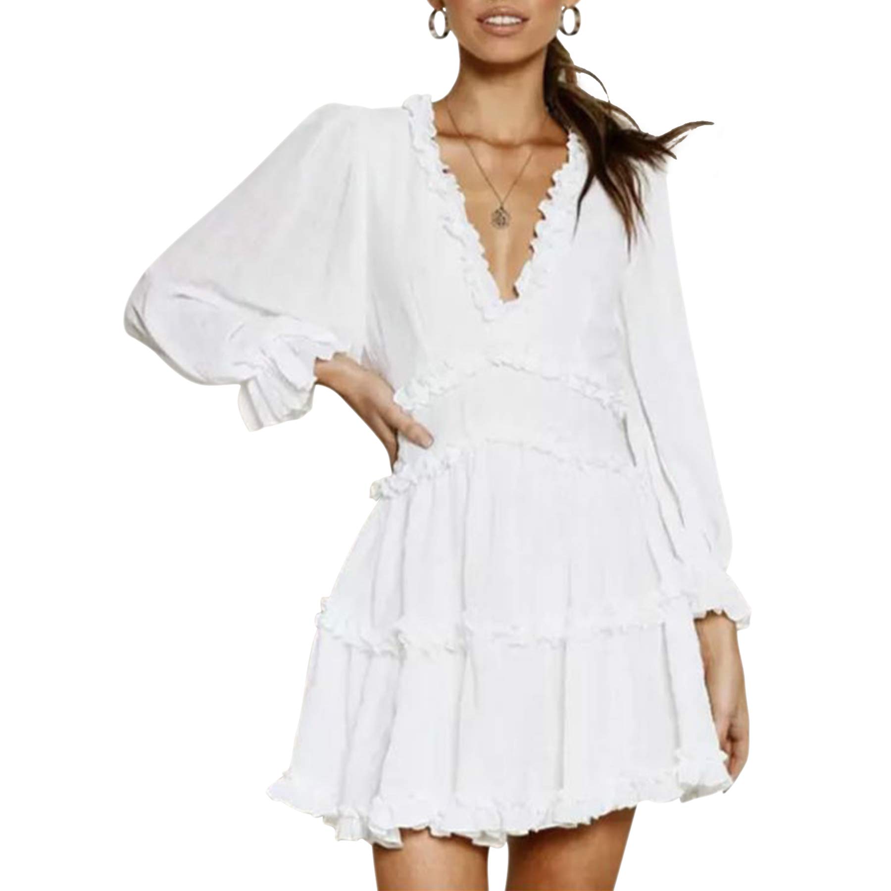 Fashionmia Women's Long Sleeve Ruffle A-Line Mini Dress - Flowy Spring Summer Casual Dress for Date Night, Party & Office Wear