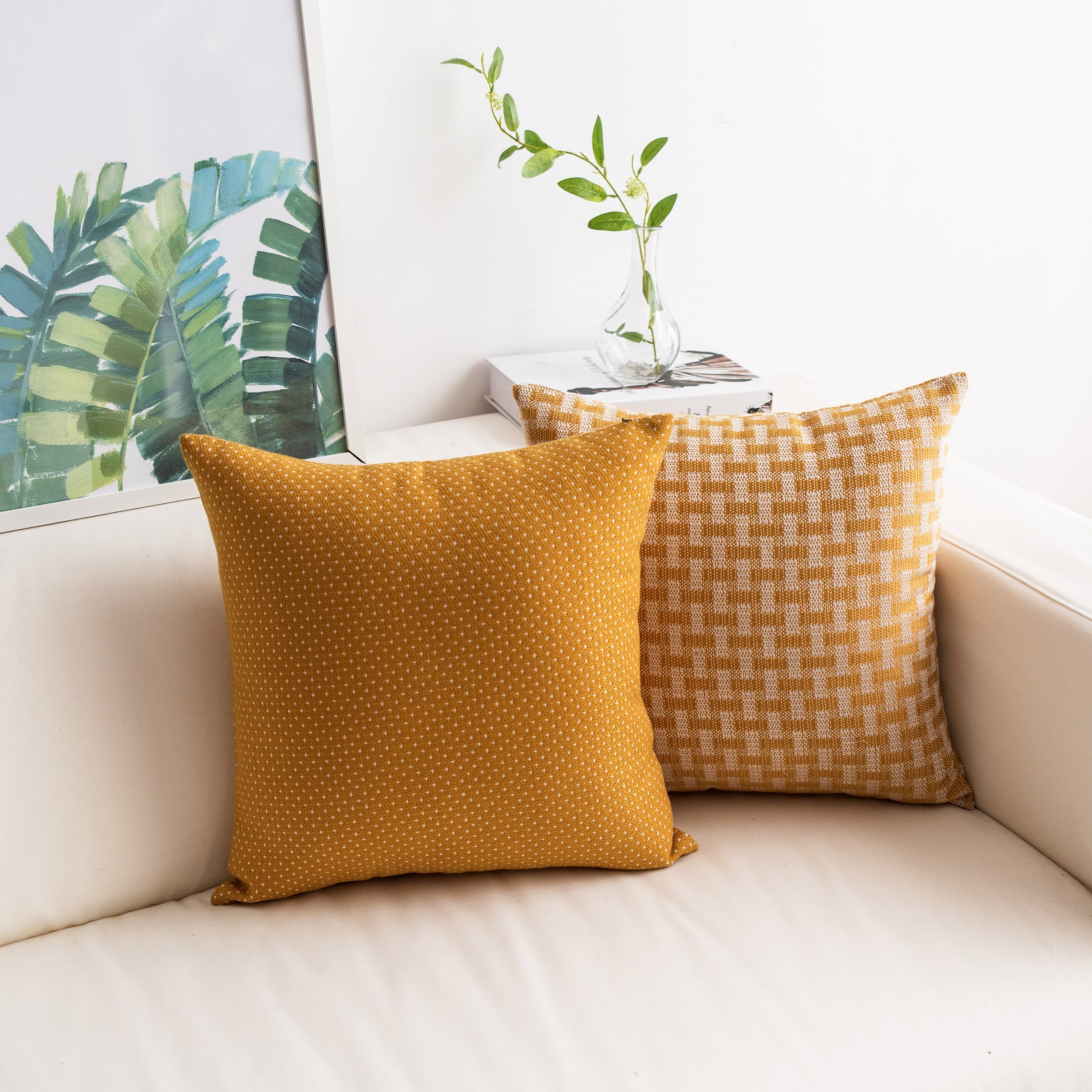 Premium 2-Pack Faux Linen Pillow Covers - Yellow Square Throw Pillow Cases with Dots & Plaid Patterns (18x18 Inches/45cm) for Sofa, Bed, Couch & Home Decor - Soft Textured Cushion Covers for Living Room, Bedroom & Office