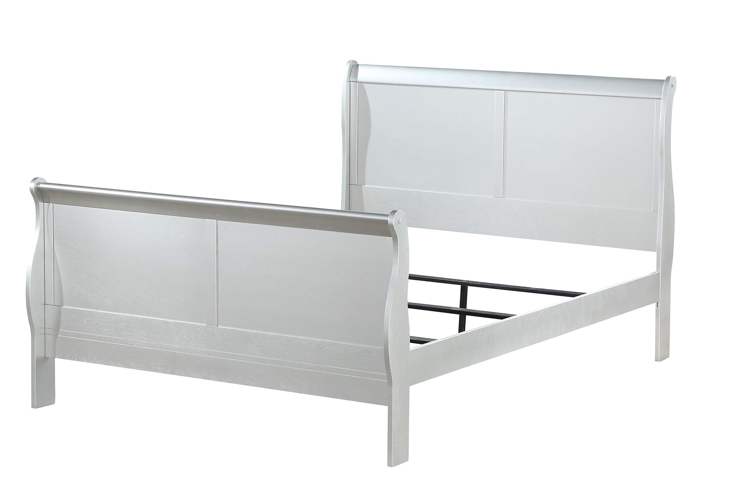 Benjara Queen Size Wooden Bed Frame with Sleigh Headboard and Footboard in Silver Finish - Elegant Bedroom Furniture for Master Suite or Guest Room