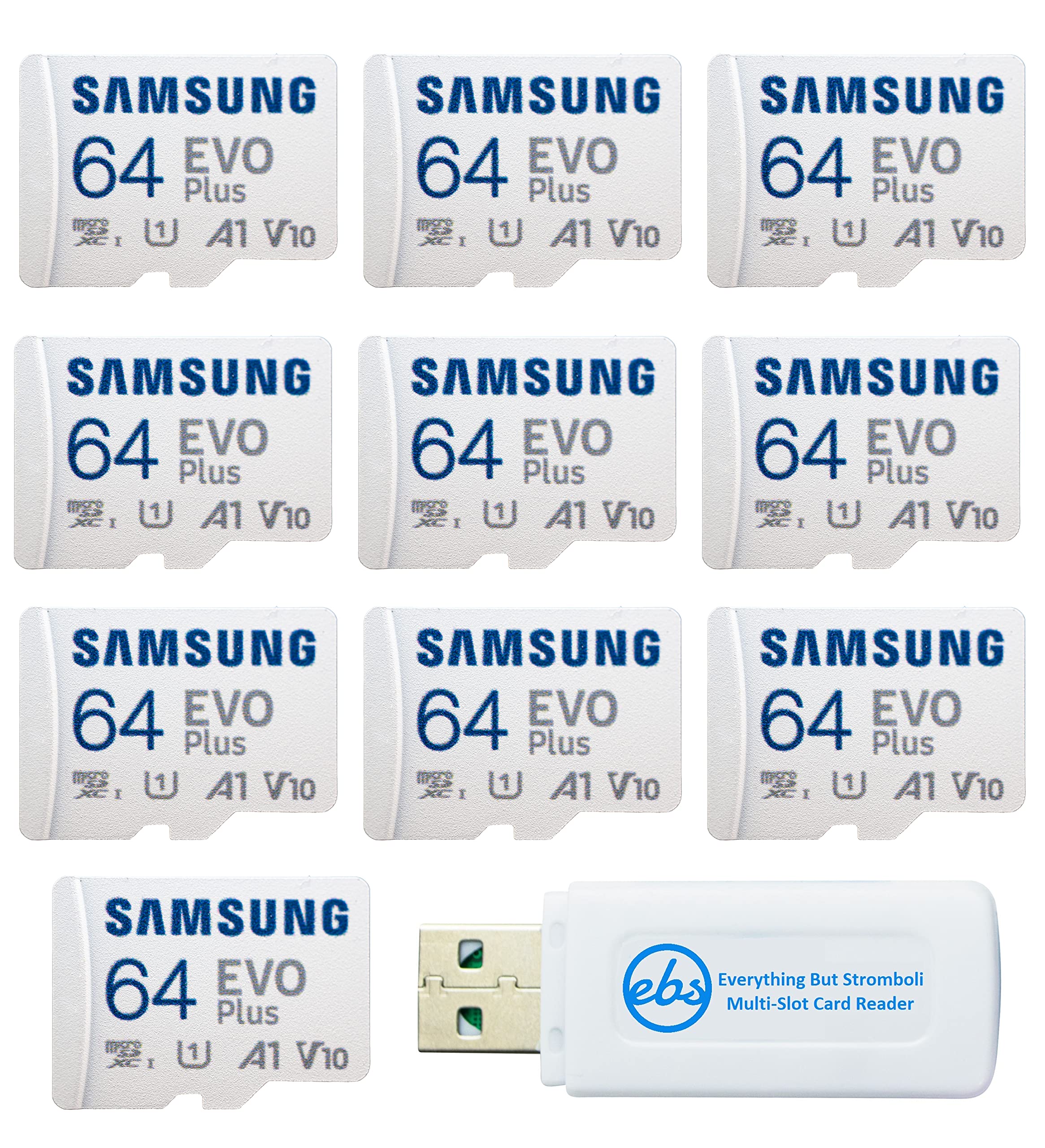 Samsung 64GB Evo Plus MicroSDXC UHS-I Class 10 Memory Card (10-Pack Bundle) - High Speed Storage for Smartphones, Tablets, Action Cameras - Includes Micro SD Card Reader - Perfect for 4K Video Recording, Mobile Gaming & Data Backup (MB-MC64KA)