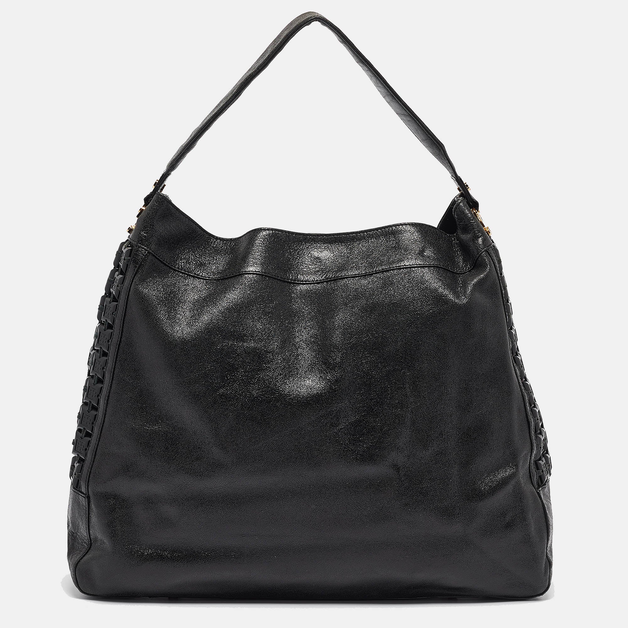 Stylish Black Iridescent Leather Hobo Bag with Logo Detail - Perfect for Work, Travel & Everyday Use