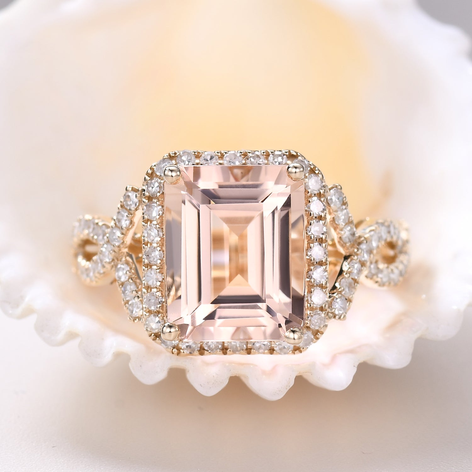 Vintage Emerald Cut Morganite Engagement Ring with Halo Diamond Split Shank Band - Elegant Wedding Jewelry for Brides, Anniversary Gifts & Proposal Scenes