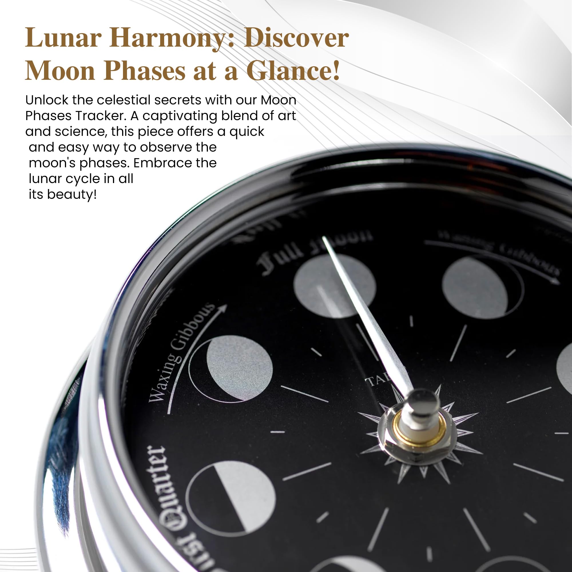 Handmade Chrome Moon Phase Wall Clock - Elegant Full Moon Design with Jet Black Dial, Mirror Backdrop & Chrome Hands - Perfect for Home, Office Decor & Unique Gifts