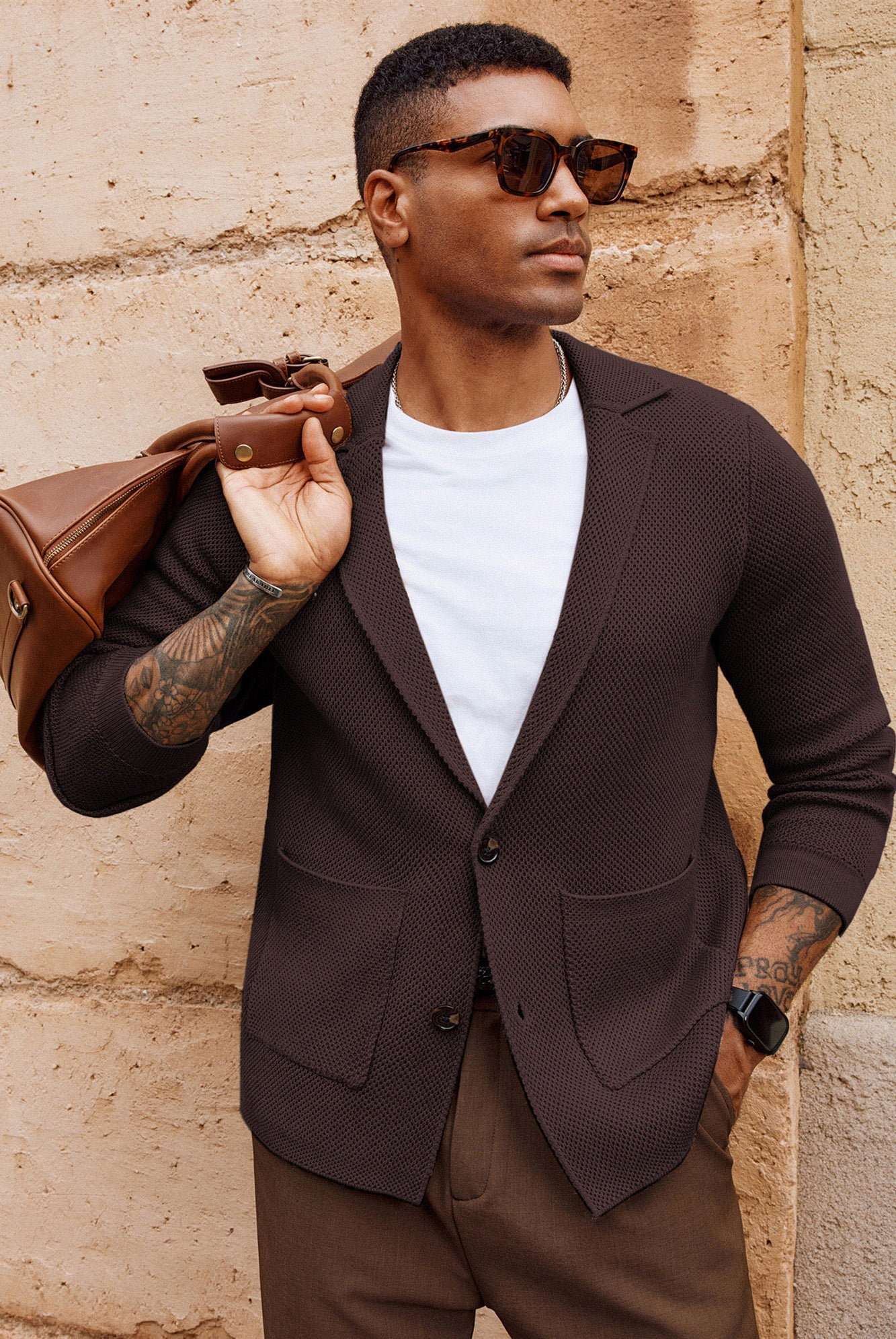 Men's Textured Knit Notch Collar Cardigan Sweater with Pockets - Button Down Blazer Style for Casual Office Wear & Autumn Layering