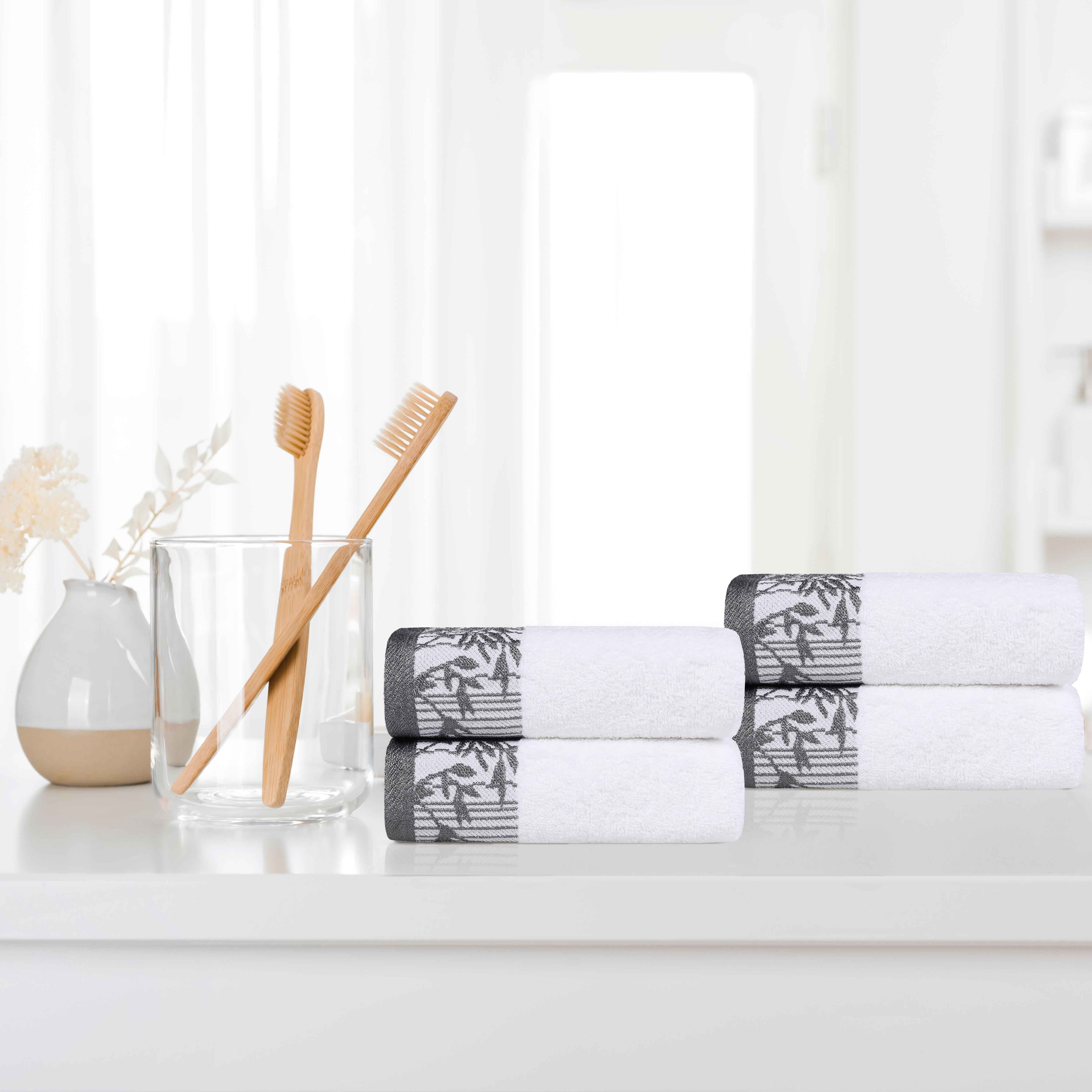 Premium Wisteria Cotton Floral Embroidered Jacquard Border Hand Towels - Set of 4 | Soft Absorbent Bathroom & Kitchen Towels for Guest Bath, Powder Room, and Luxury Home Decor