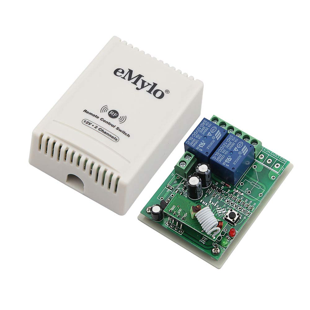 eMylo 12V Relay Switch with 433MHz Wireless RF Remote Control - 2-Channel System with 2 Transmitters for Door & Light Control | Home Automation & DIY Projects