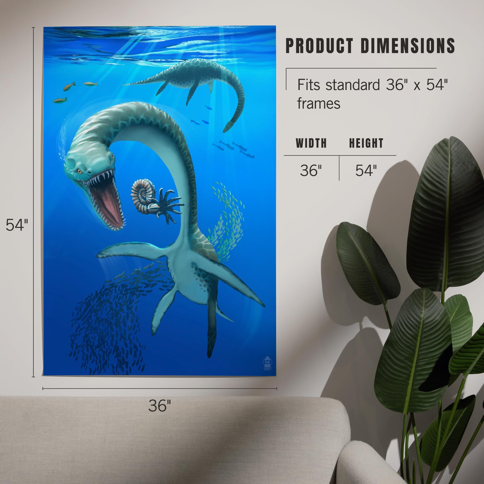 Lantern Press 36x54 Inch Giclee Art Print - Plesiosaurus Dinosaur Wall Decor for Living Room, Bedroom & Office | Premium Canvas Painting for Home & Office Decoration