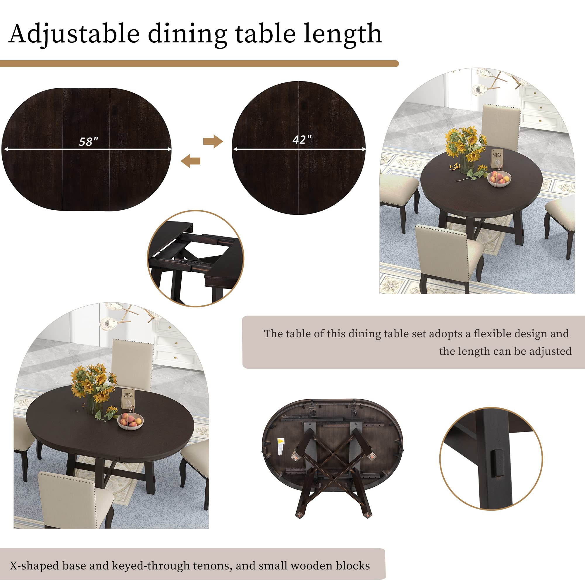Polibi 5-Piece Farmhouse Dining Set - Espresso Wooden Round Extendable Table & 4 Upholstered Chairs, Perfect for Small Spaces & Family Gatherings
