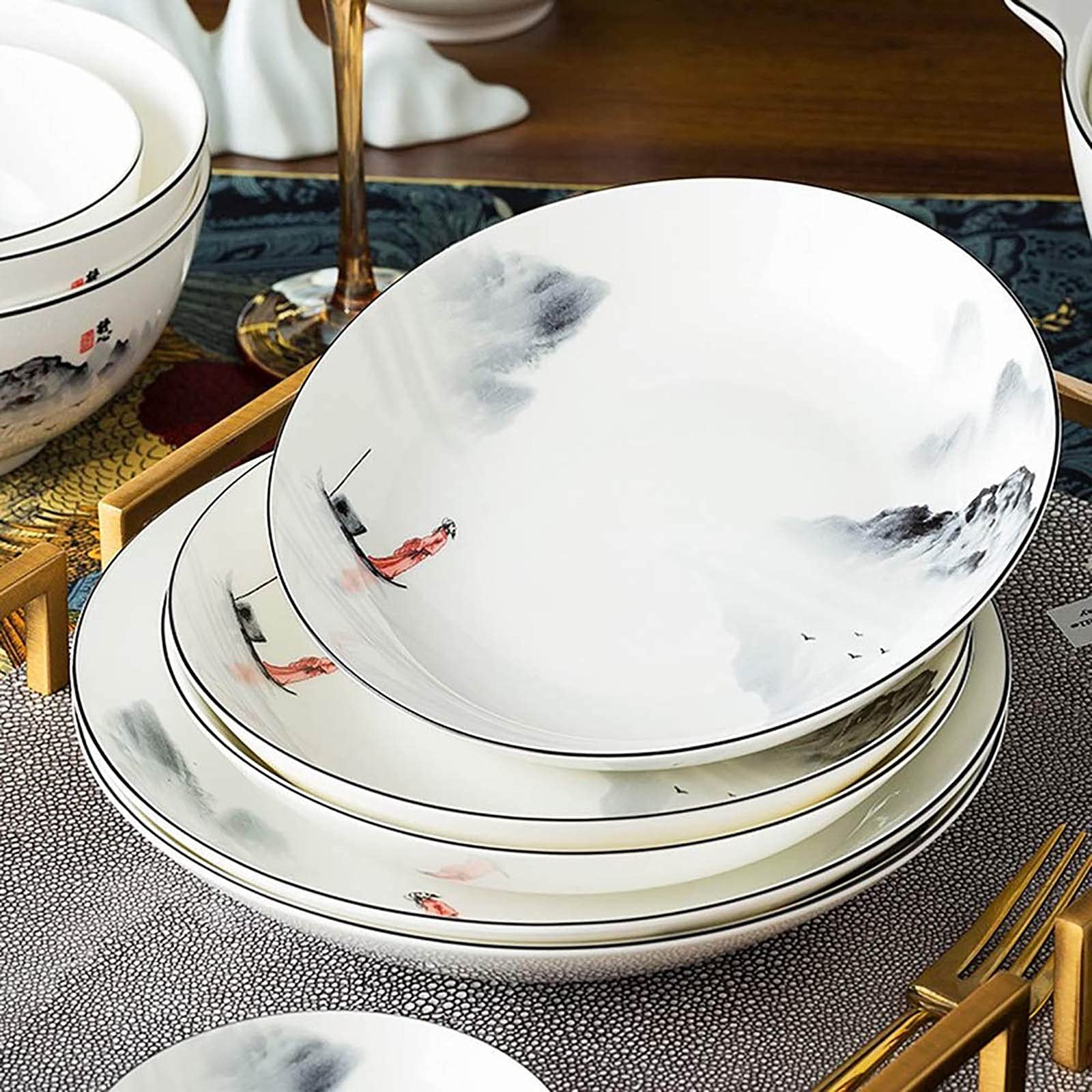 60-Piece Chinese Style Porcelain Dinnerware Set - Antique Ink Painting Design Plates, Bowls, Spoons & Soup Pot - Service for 12 - Elegant Tableware for Family Gatherings, Dinner Parties & Holiday Entertaining