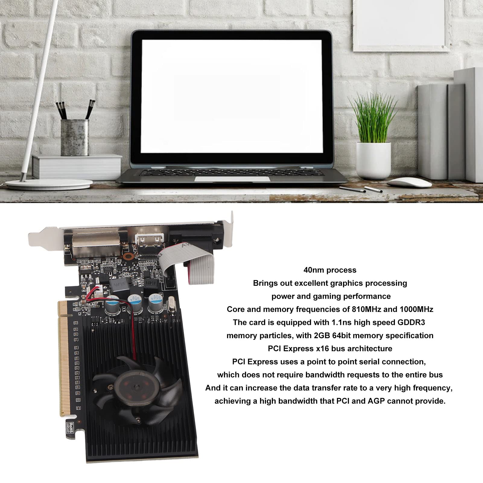 GT610 2GB DDR3 64bit 1000MHz Low Profile Graphics Card - HDMI/VGA/DVI Outputs, Plug & Play - Ideal for Home Office, Media PCs & Light Gaming