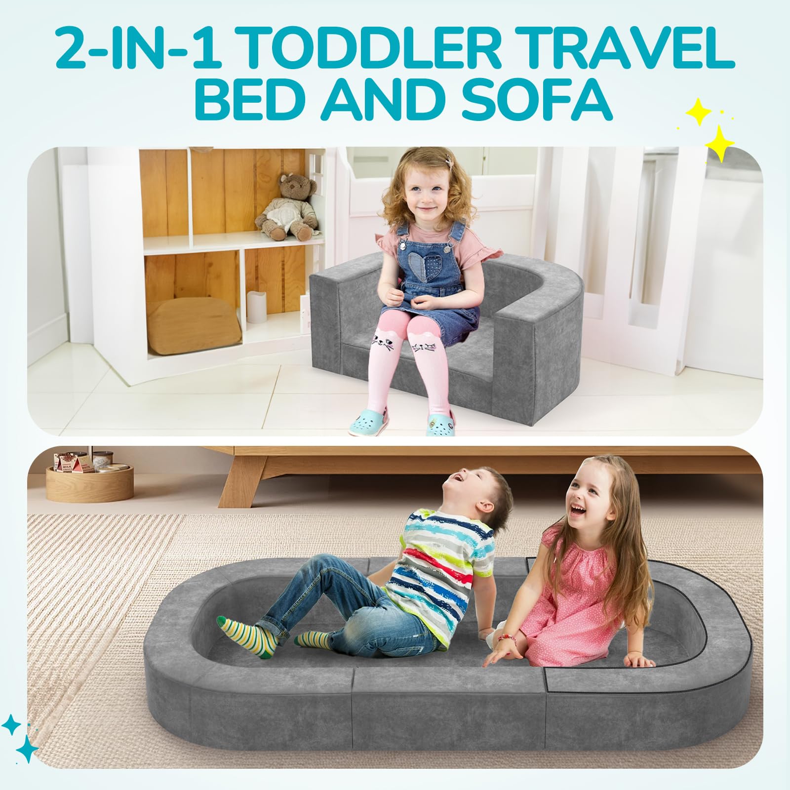 2 in 1 Portable Toddler Travel Bed & Convertible Sofa - Foldable Travel Crib for Kids 1-6 Years Old, Lightweight Floor Cot & Toddler Bed for Baby, Size L, Grey - Perfect for Camping, Air Travel & Playroom Nap Time
