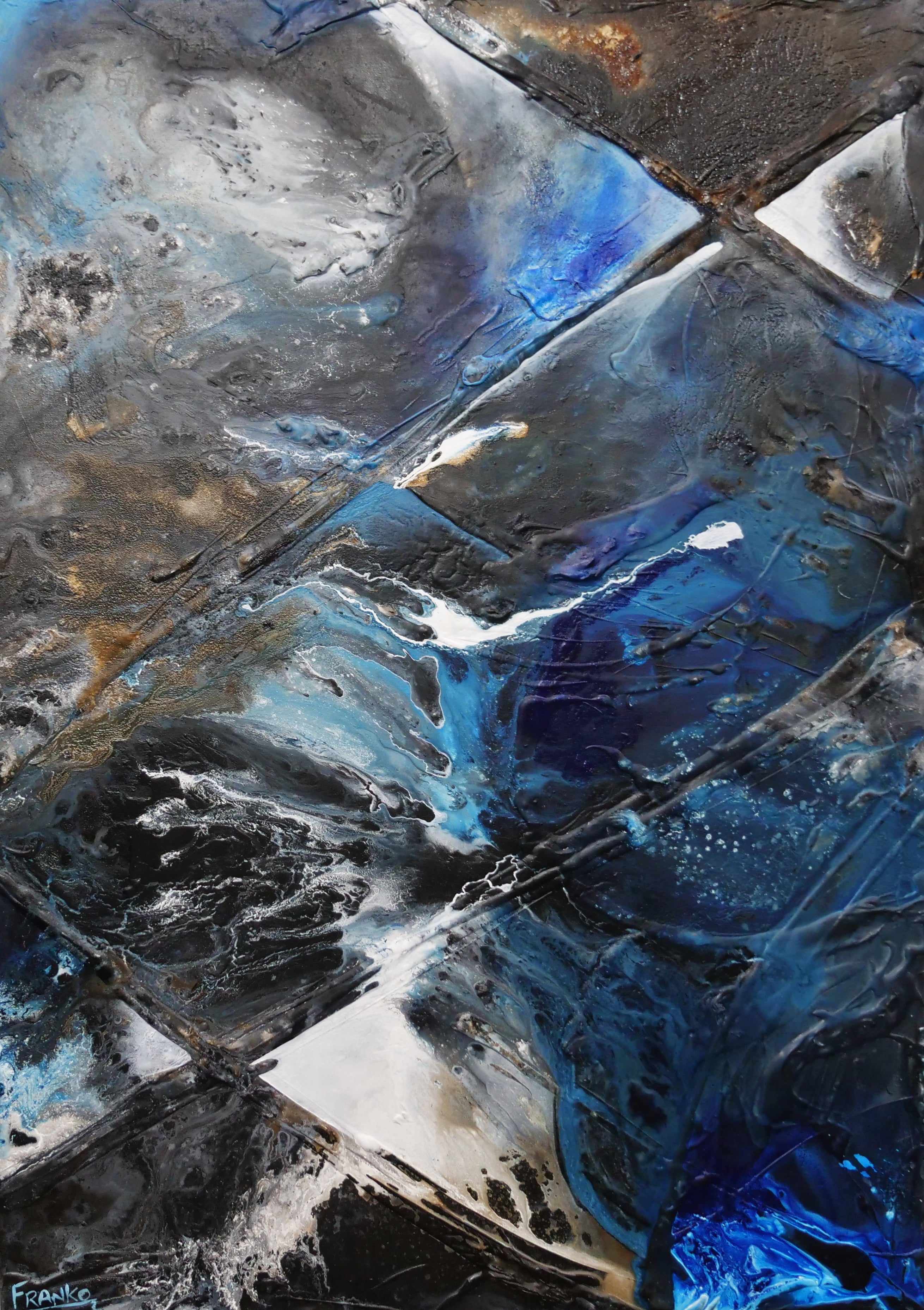 140cm x 100cm Black Blue Textured Abstract Canvas Art Painting - Modern Wall Decor for Living Room, Bedroom & Office | Ink Clash Design