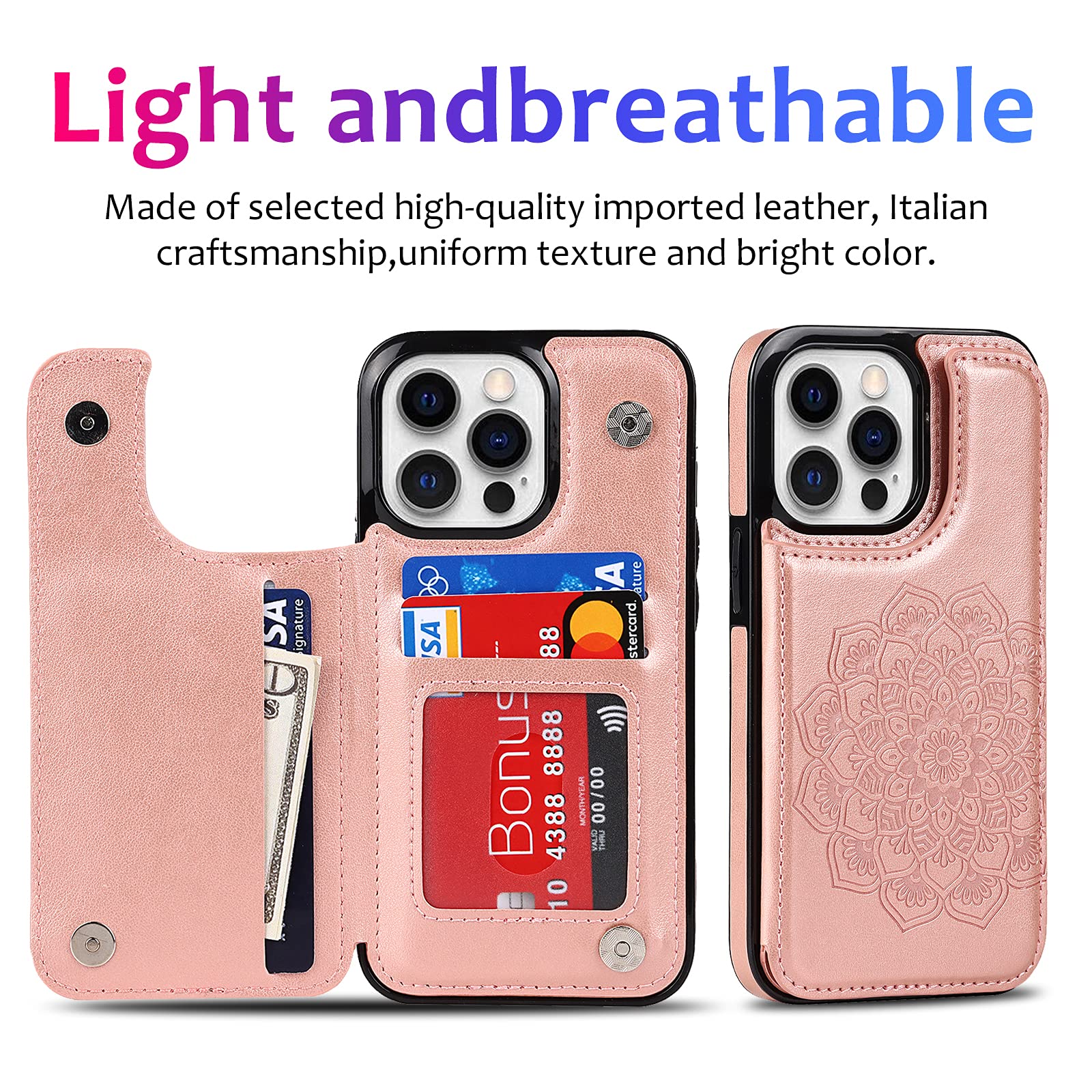 Asuwish iPhone 13 Pro Max Case with Tempered Glass Screen Protector, Card Holder & Kickstand - Rose Gold (2021 6.7 inch) | Compatible with iPhone 13 Pro Max/13 Max Plus | Perfect for Daily Use, Travel & Hands-Free Viewing