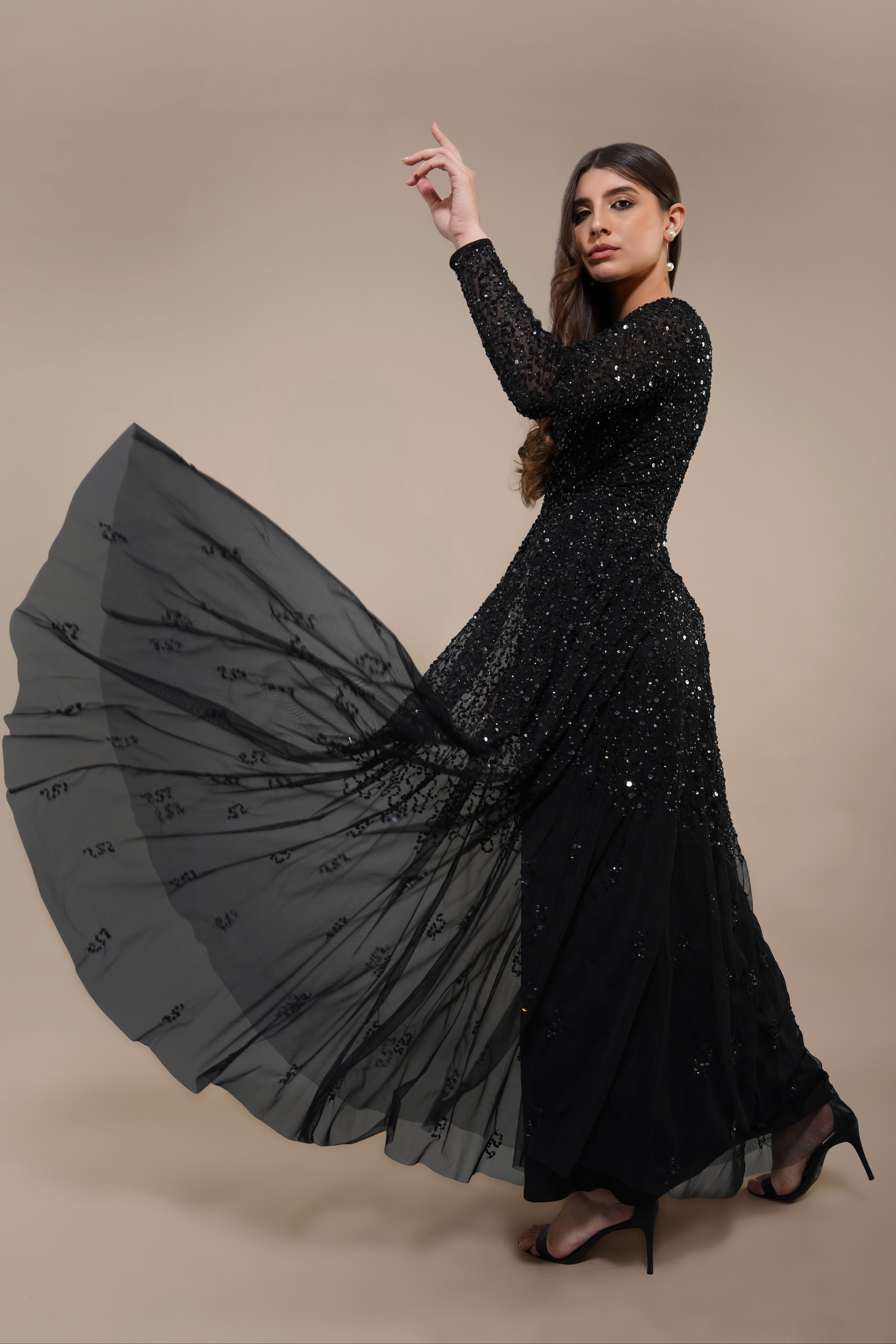Elegant Black Sila Long Sleeve Embellished Maxi Dress for Women - Perfect for Evening Parties, Weddings & Special Occasions