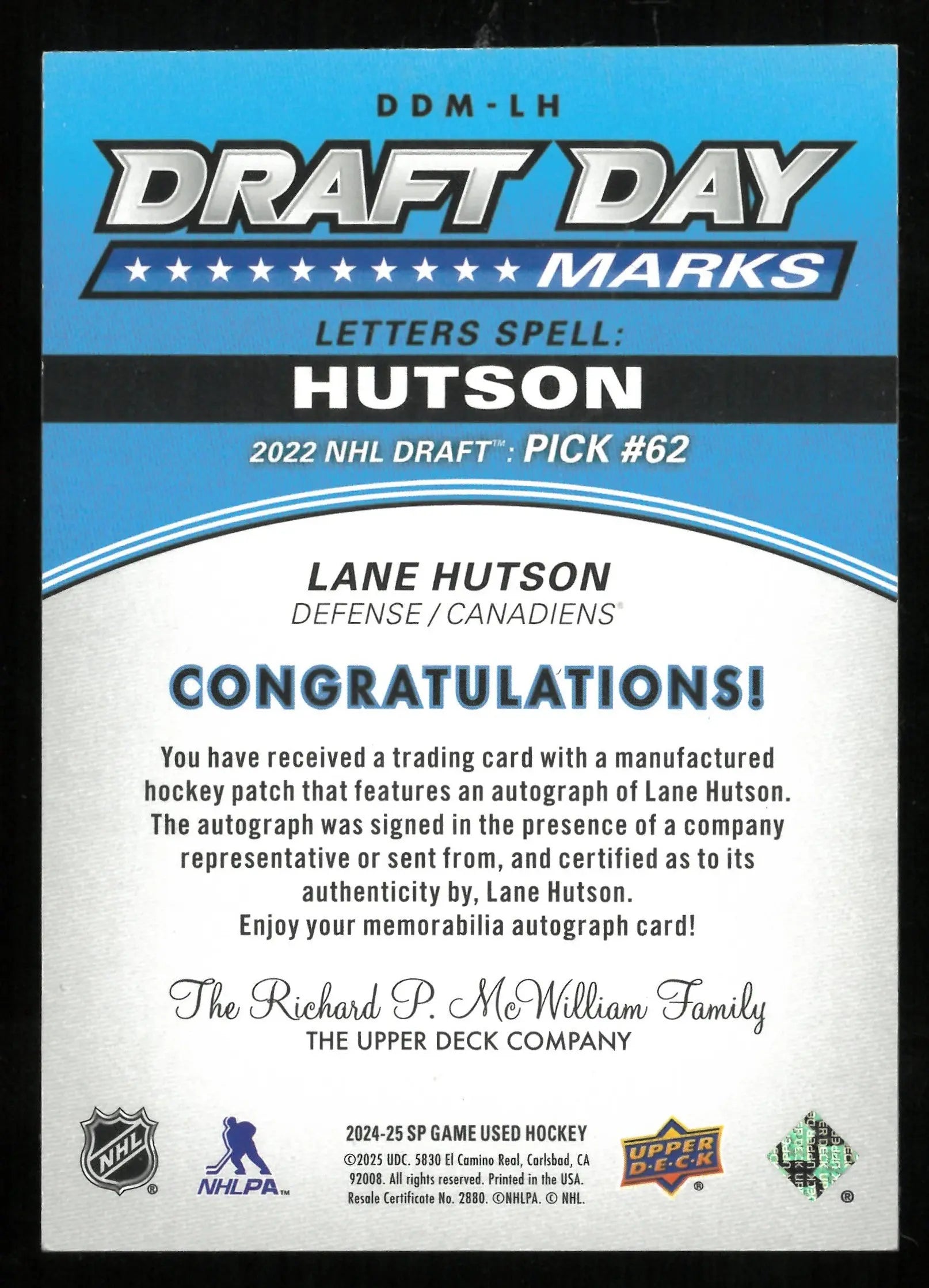 2024-25 Upper Deck SP Game Used Lane Hutson Rookie Card Draft Day Marks Autograph Letter Patch /35 - Perfect for Hockey Collectors & Memorabilia Fans