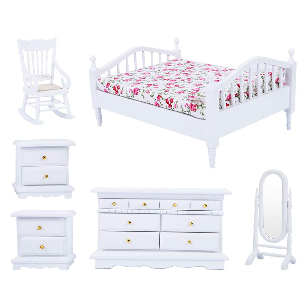 1:12 Scale Miniature Dollhouse Furniture Set - 6pcs Wooden Bed & Cabinet for Doll House - Perfect for Collectors, DIY Enthusiasts & Kids Playroom Decor