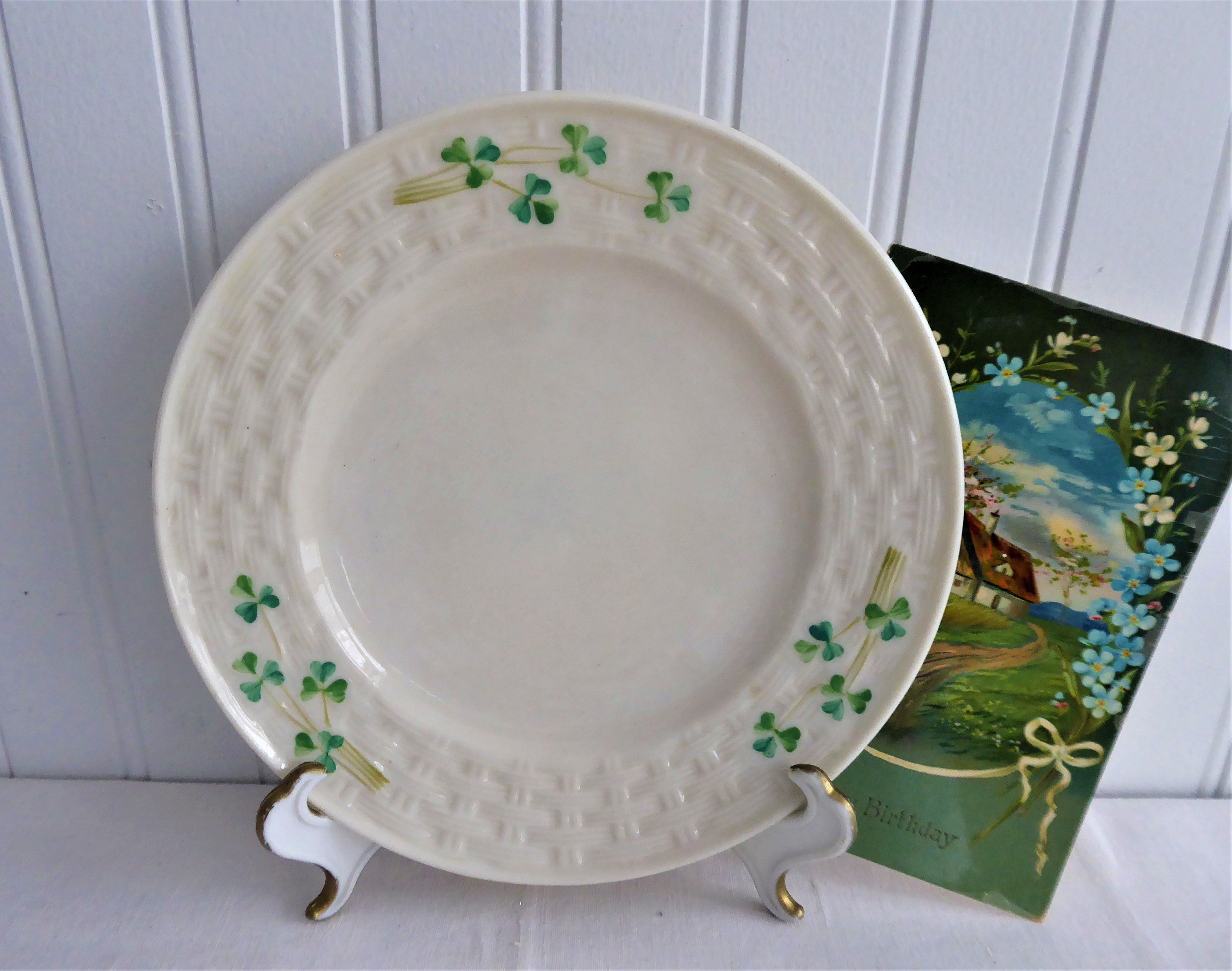 Vintage Irish Belleek Teacup Trio Set - Handcrafted Basket Weave Design with Shamrocks (1950s 4th Green Mark) - Perfect for Afternoon Tea, Collectible Irish Porcelain, Wedding Gift