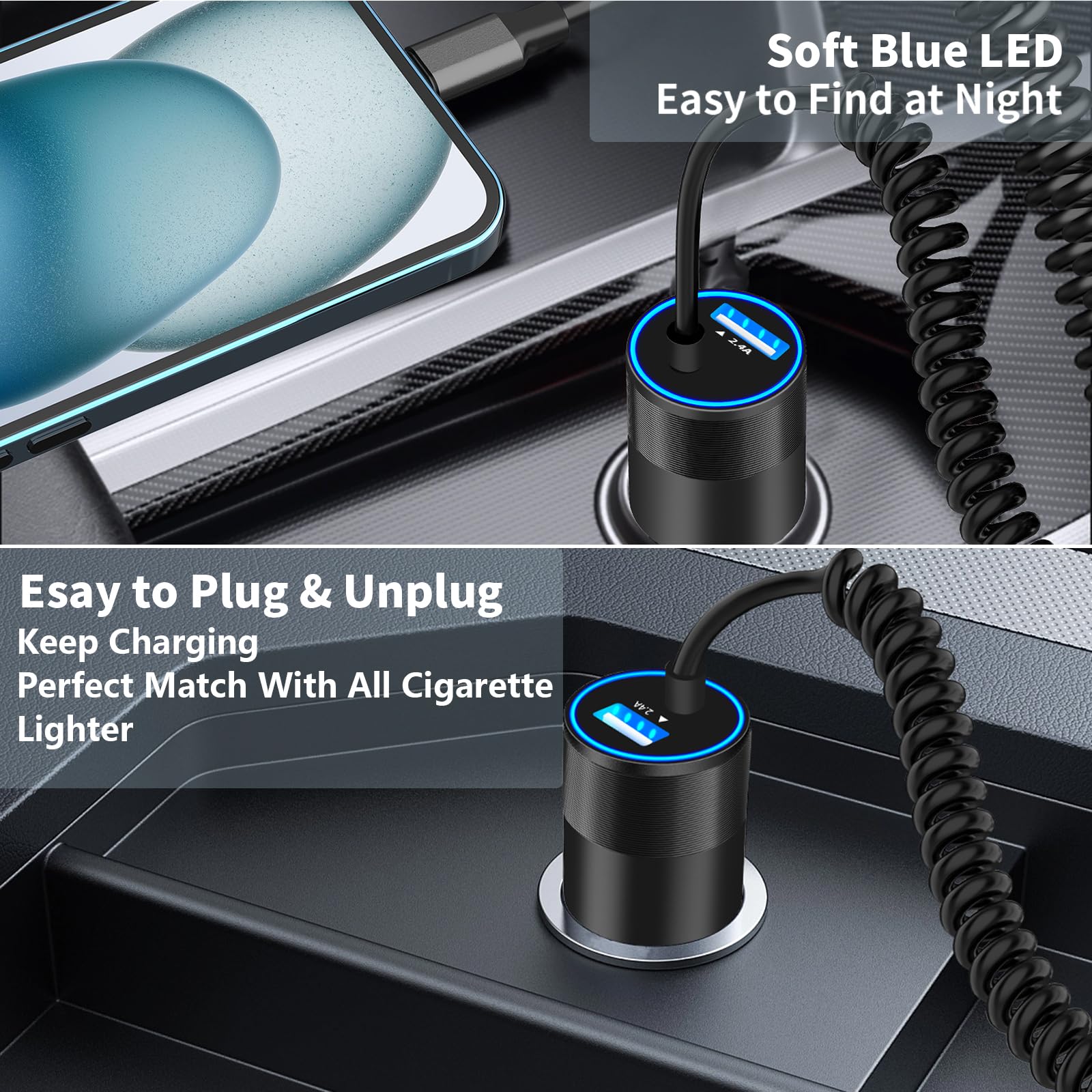 Apple MFi Certified Fast Car Charger for iPhone 15 Pro/Pro Max - 4.8A USB-C Cigarette Lighter Charger with 6FT Coiled Type-C Cable - Compatible with Galaxy S24/S23/Pixel/iPad Pro - Perfect for Road Trips & Daily Commutes
