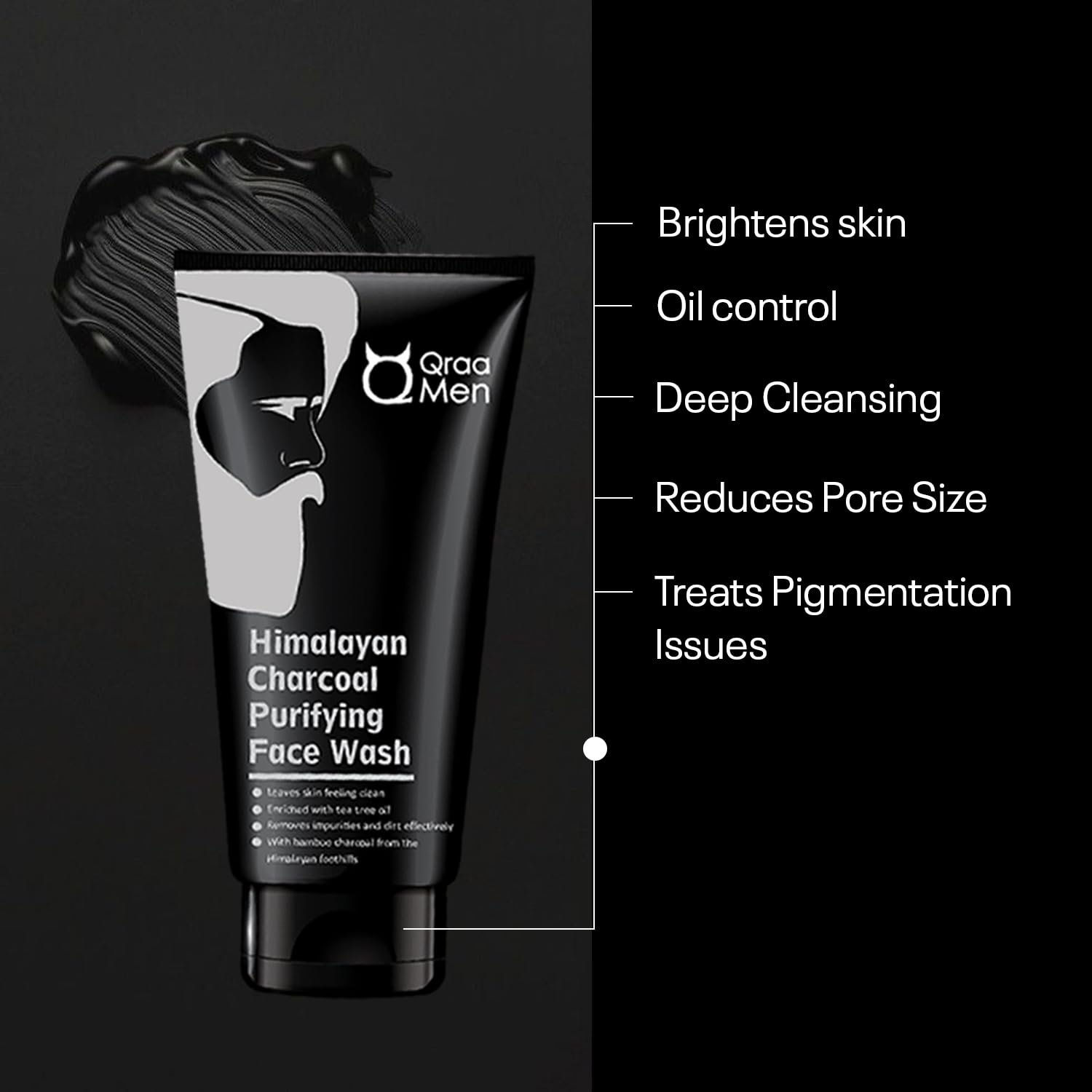 Qraa Men's Himalayan Charcoal Purifying Face Wash - Deep Cleansing & Skin Brightening Formula for Men | 100g | Acne Treatment & Blackhead Removal for Oily & Combination Skin | Daily Skincare Routine
