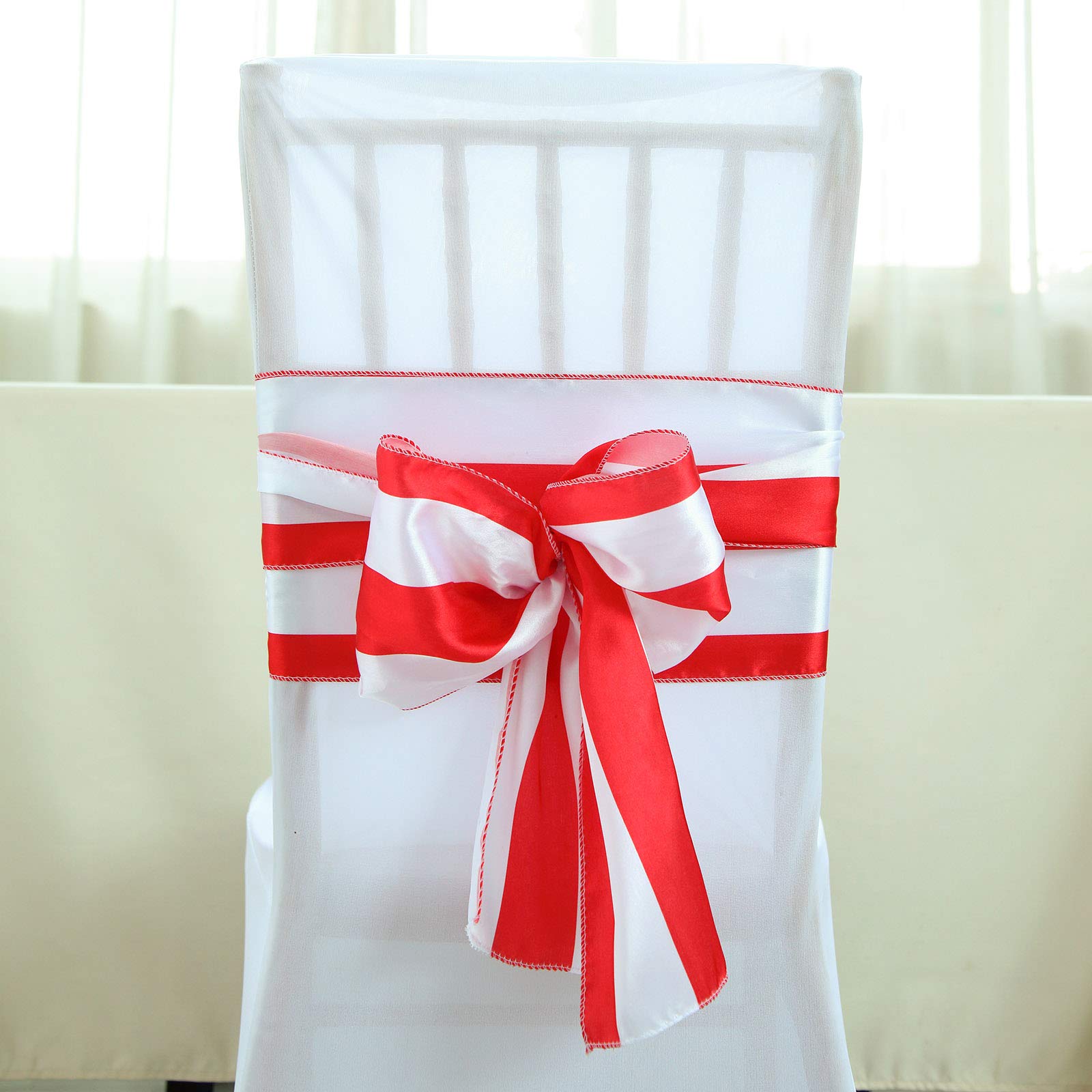 100 Pcs Red & White Satin Stripe Chair Sashes for Wedding, Party, Ceremony, Dining & Reception Decorations - Bulk Chair Bands for Event Decor, Banquet, Bridal Shower & Table Setting Accessories