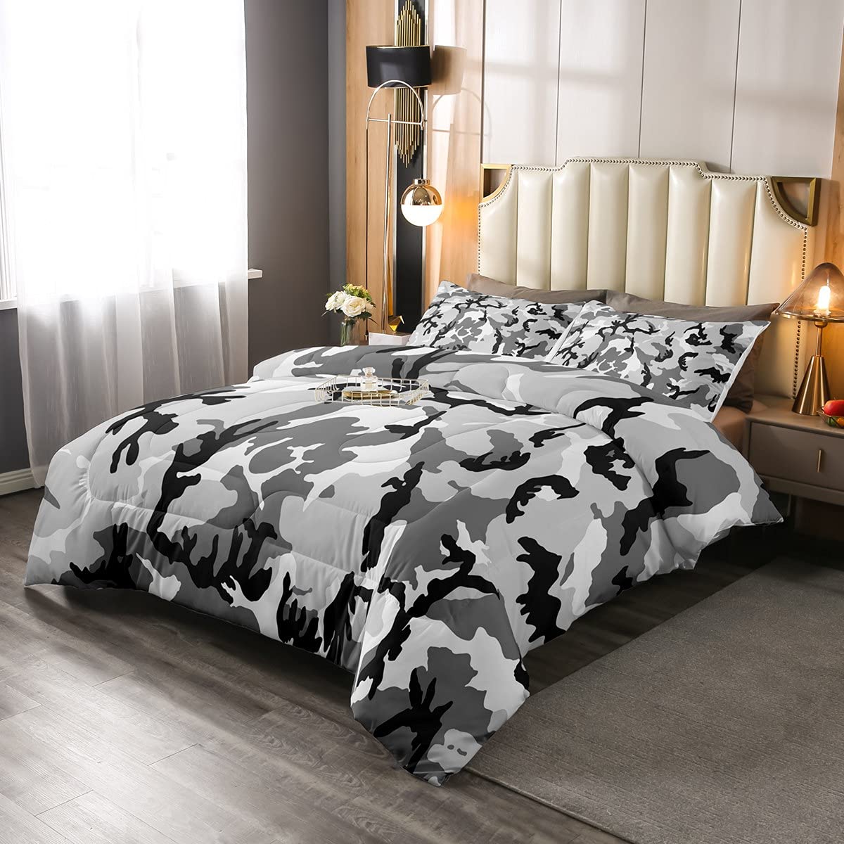 Feelyou Camo Comforter Set - Black White Gray Geometric Design Bedding for Kids & Teens | Abstract Cow Print Quilt Set with Matching Pillowcases | 3Pcs Queen Size for Boys Girls Bedroom Decor | Perfect for Dorm, Guest Room & Cozy Sleep