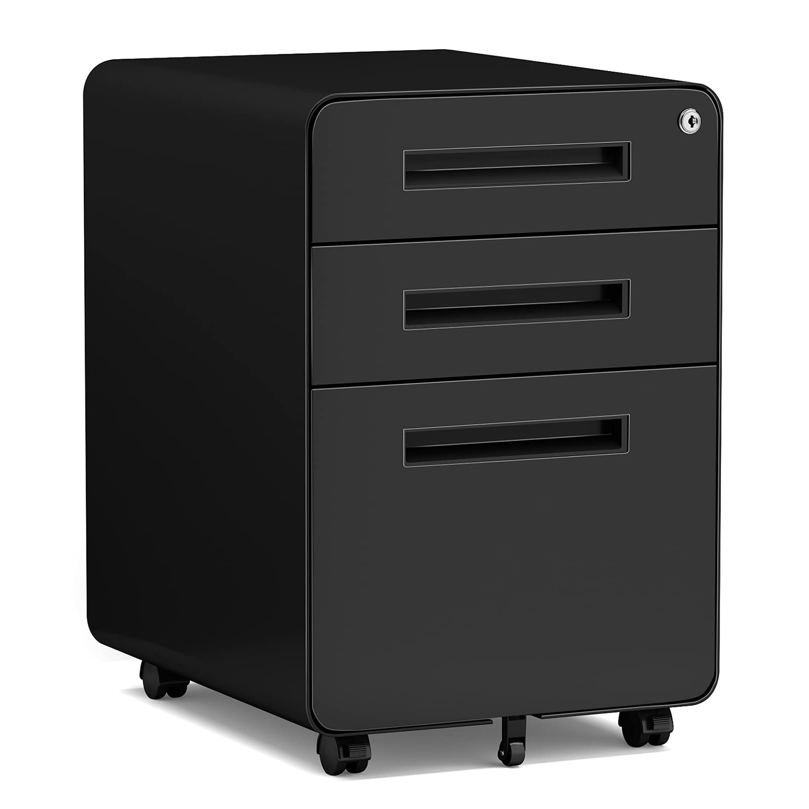 MIIIKO 3-Drawer Mobile Filing Cabinet with Lock & Wheels - Under Desk Rolling File Organizer for A4/Letter/Legal Hanging Files - Modern Black Home Office Storage with Anti-Tilt Design | Perfect for Small Spaces, Shared Workspaces & Document Organization