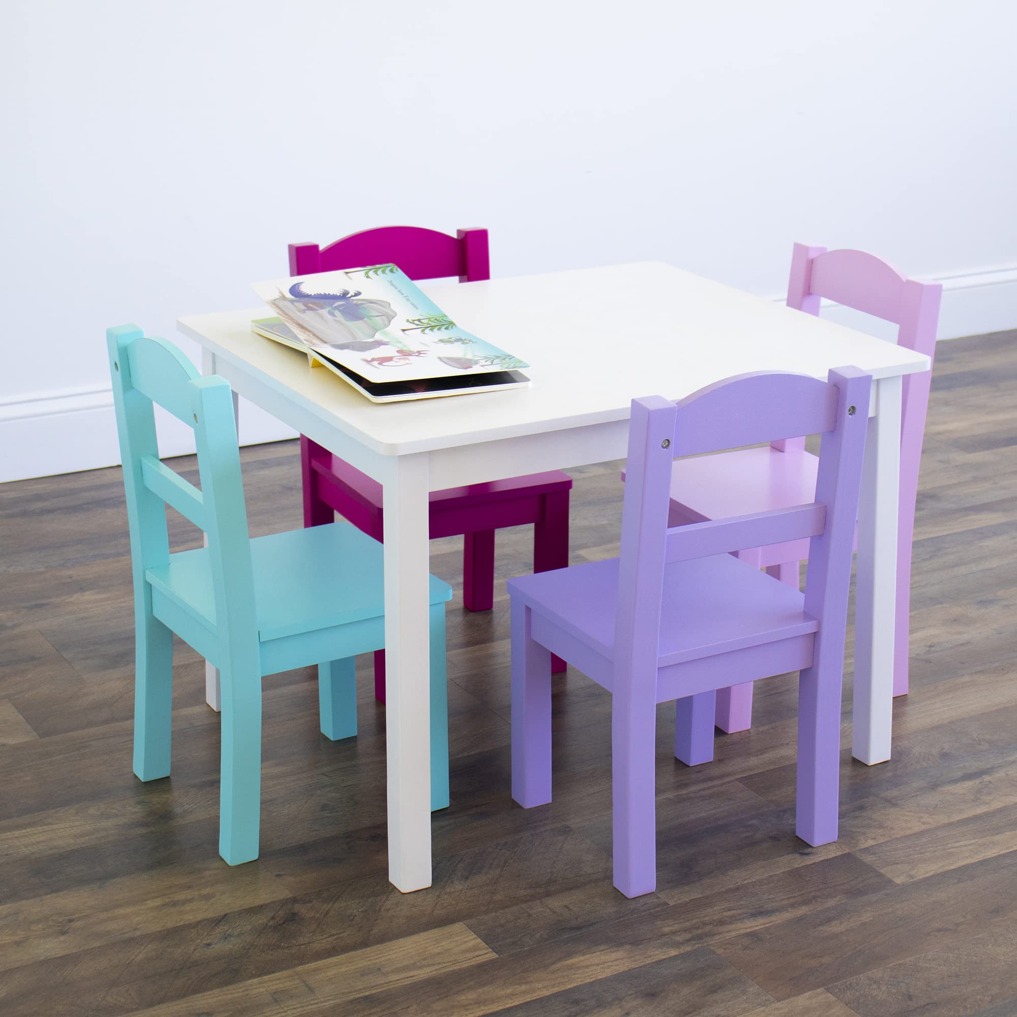 Humble Crew Kids Wood Table and 4 Chairs Set - White, Pink, Purple | Children's Playroom Furniture for Arts, Crafts & Snack Time | Durable Wooden Table & Chair Set for Toddlers & Preschoolers