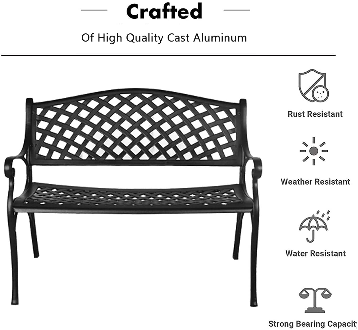 Grepatio Outdoor Patio Garden Bench - All-Weather Cast Aluminum Loveseat for Park, Yard & Porch - Durable Entryway & Garden Furniture with Checkered Design (Black) - Perfect for Outdoor Relaxation, Backyard Decor & Garden Seating