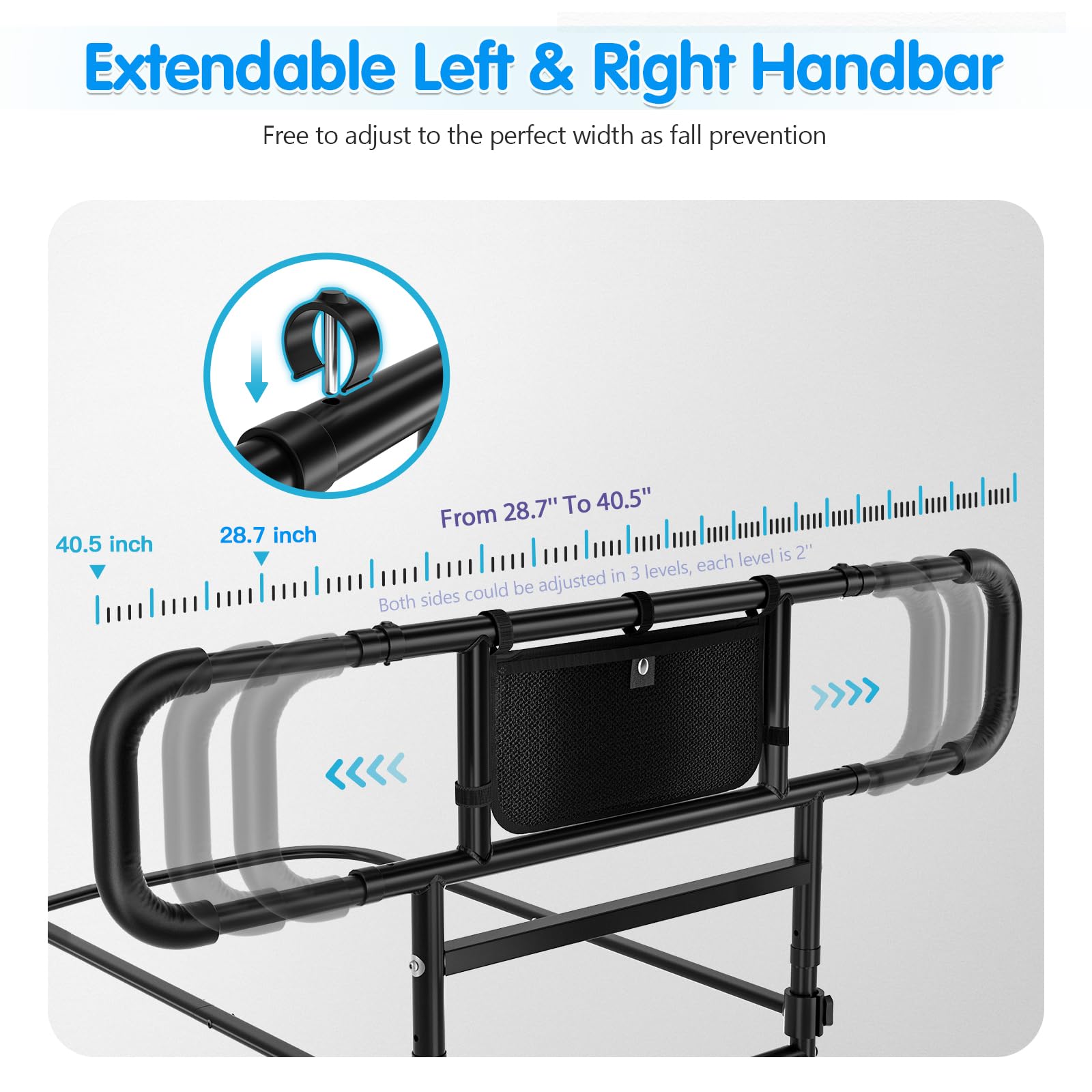 FORTEMOTUS Heavy Duty Bed Rails for Elderly Adults - Foldable Safety Bed Assist Rails with Extendable Guard Rails, Adjustable Height, Storage Pocket & Safety Belt (Supports 450lbs) - Ideal for Senior Home Care & Fall Prevention
