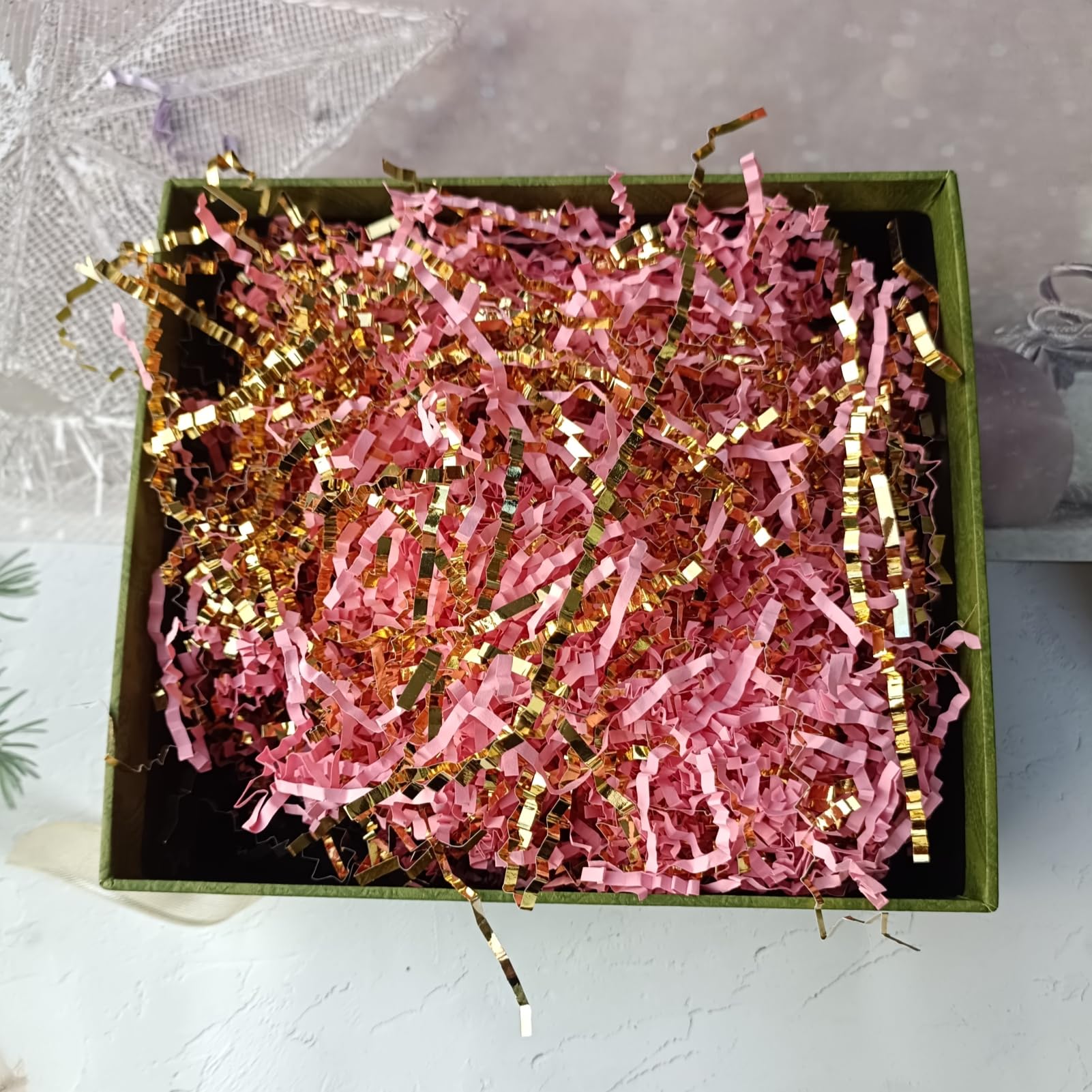 2LB Pink and Gold Crinkle Cut Paper Shreds - Gift Box Filler, Basket Filler, Packaging Confetti for Birthdays, Weddings, and Party Decorations