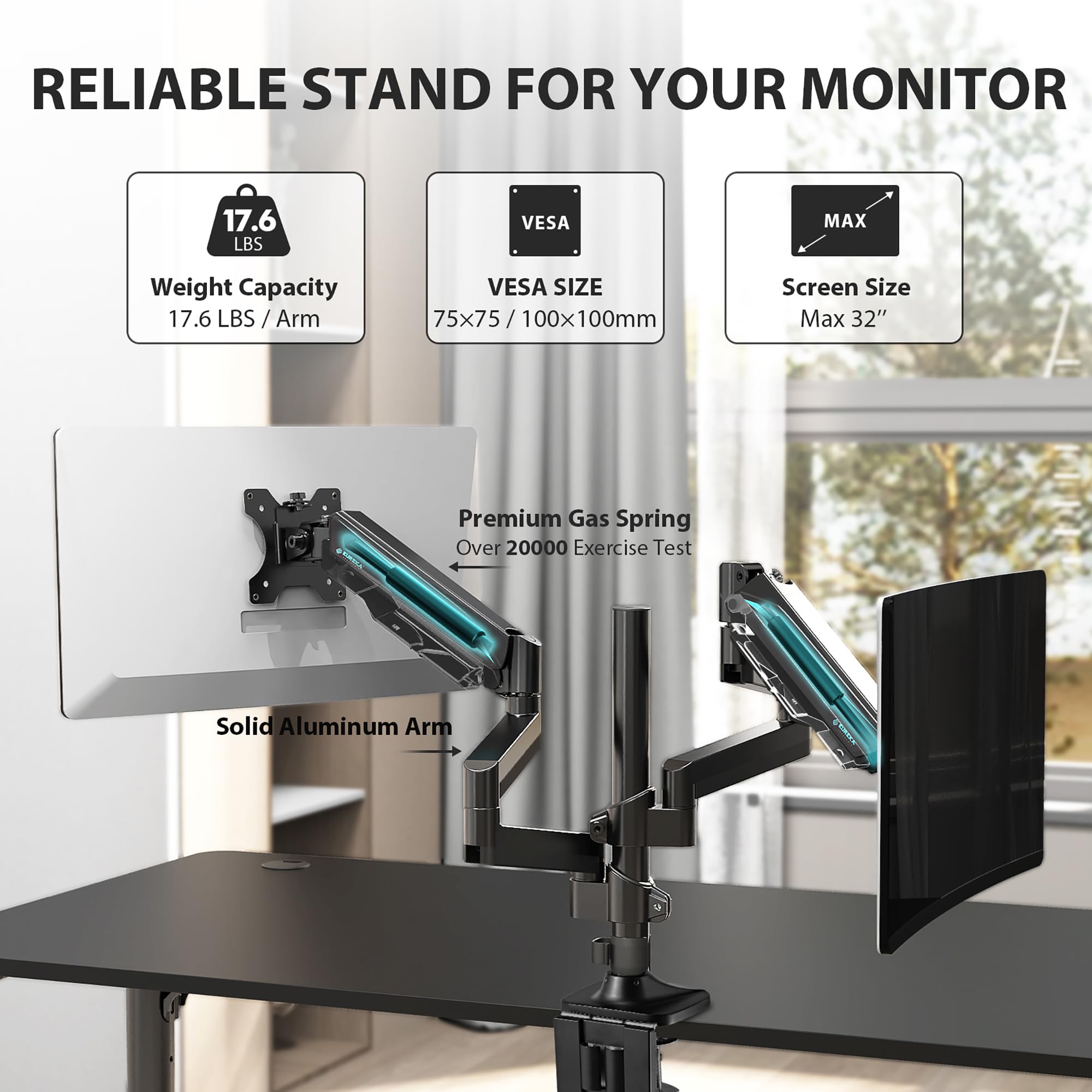 EUREKA ERGONOMIC Dual Monitor Stand - Adjustable Gas Spring Monitor Arm for 13-32 Inch Screens (Up to 17.6 lbs) with VESA 75x75/100x100mm - C Clamp & Grommet Base (Black) - Perfect for Home Office & Gaming Setup