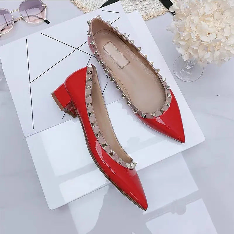 Luxury Leather Rivet High Heels for Women - Designer Pointed Toe Square Heel Pumps | Perfect for Evening Parties, Weddings & Office Wear