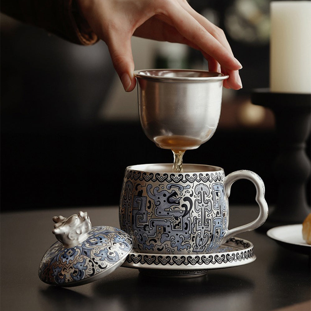 Exquisite Chinese Taotie Sterling Silver Tea Cup - Handcrafted Antique Style for Tea Ceremony, Home Decor & Gift Giving