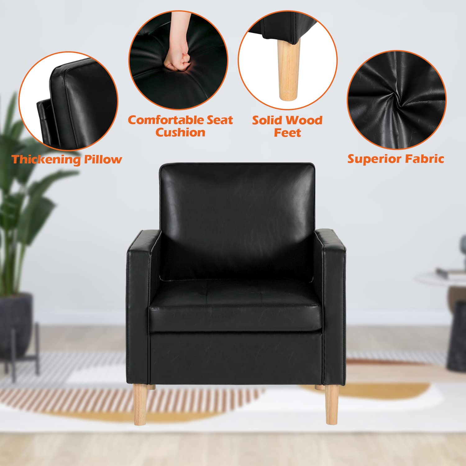AILEEKISS Modern Single Sofa Chair - Mid-Century Faux Leather Upholstered Accent Armchair for Small Spaces, Living Room, Apartment, Dorm & Office - Compact Comfortable Seating for Relaxing, Reading or Working (Black)