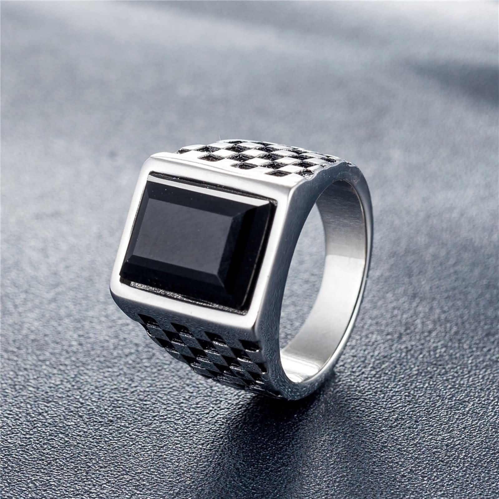 Gothic Men's Ring with Black Stone - Stainless Steel Wedding Band for Stylish Outfits