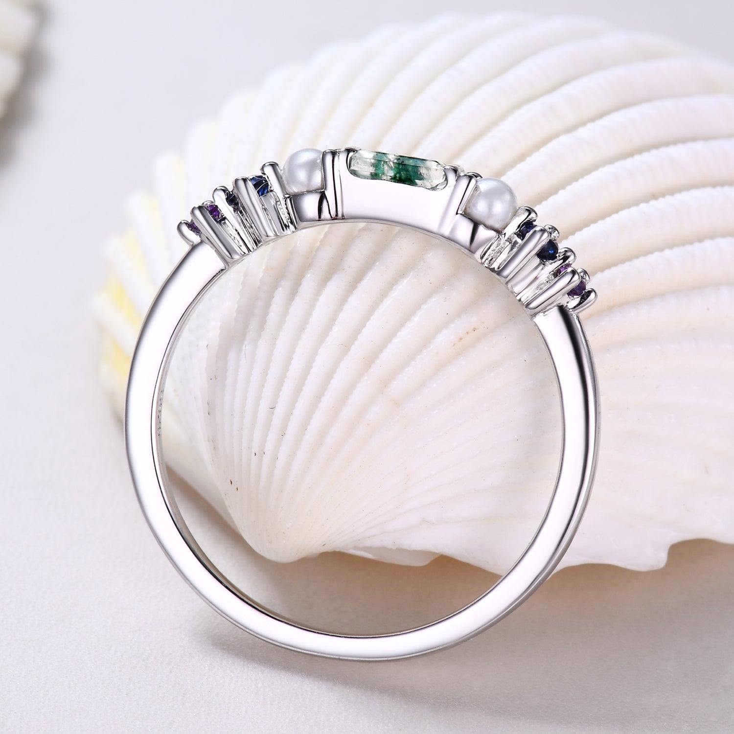 Rainbow Gemstone Family Ring - Green Moss Agate & Pearl Multi-Color Birthstone Band for Women | Perfect for Mother's Day, Anniversary Gifts & Special Occasions