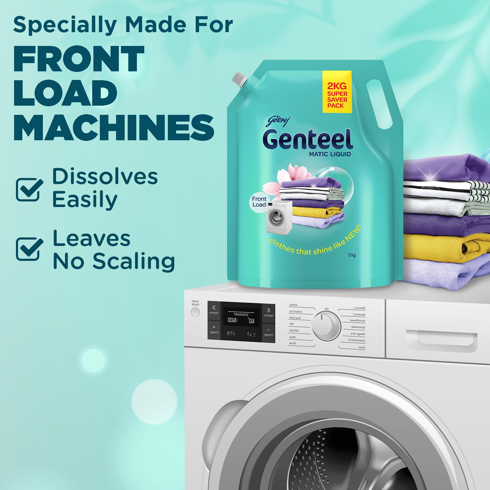 Genteel Matic Liquid Laundry Detergent Refill Pouch 2kg - Front Load Washer Safe | Soda-Free Formula with Built-In Fabric Softener | Ideal for Sensitive Skin & Eco-Friendly Laundry