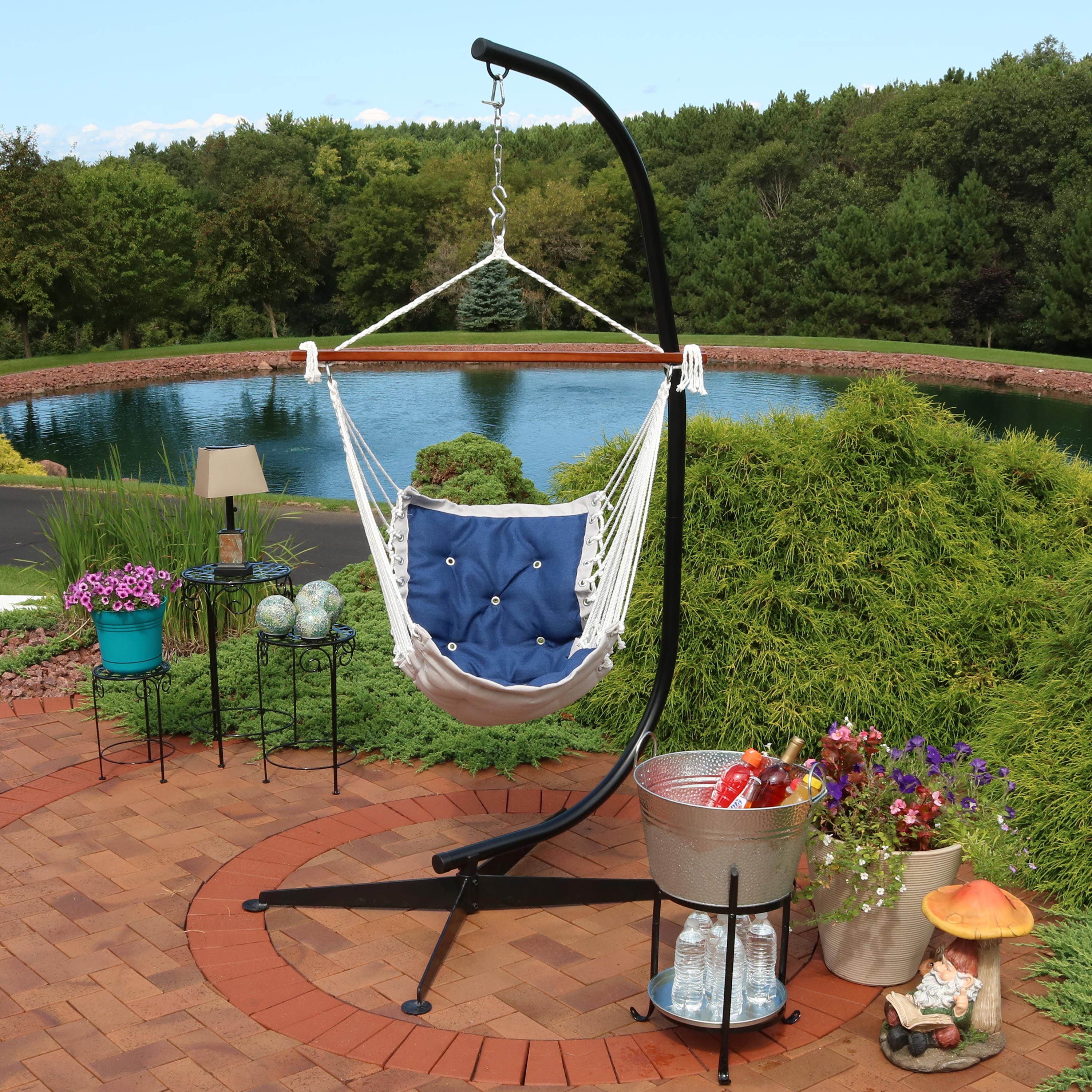 Sunnydaze Tufted Victorian Outdoor Hammock Chair Swing with C Stand - Comfortable Patio Hanging Chair for Garden, Porch, Backyard Relaxation