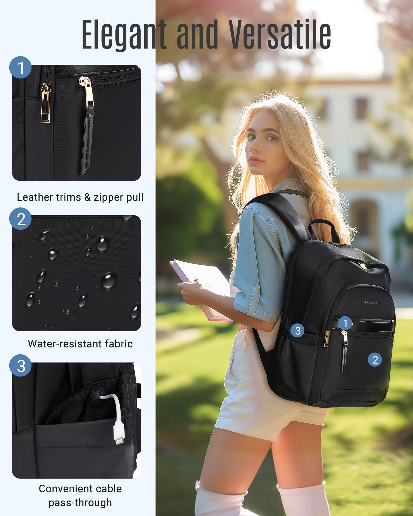 LIGHT FLIGHT Women's Travel Backpack - 15.6 Inch Water-Resistant Laptop Backpack with USB Charging Port - Stylish College & Work Computer Bag for Daily Use - Perfect for Commuting, Business Trips & Campus Life - Black