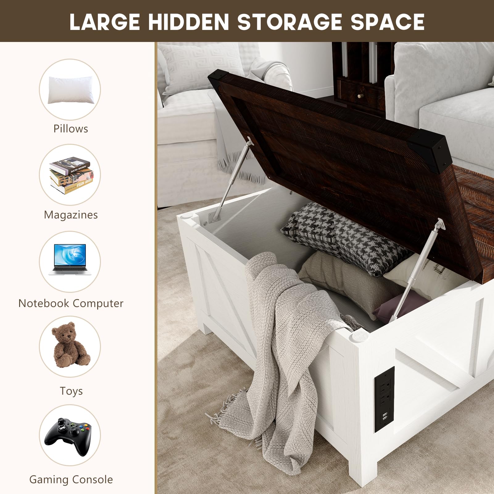 Farmhouse Lift Top Coffee Table with Storage - Wood Square Center Table with Charging Station & USB Ports - Large Hidden Compartment - Perfect for Living Room, Bedroom, Home Office - Ideal for Entertaining, Remote Work & Small Space Storage