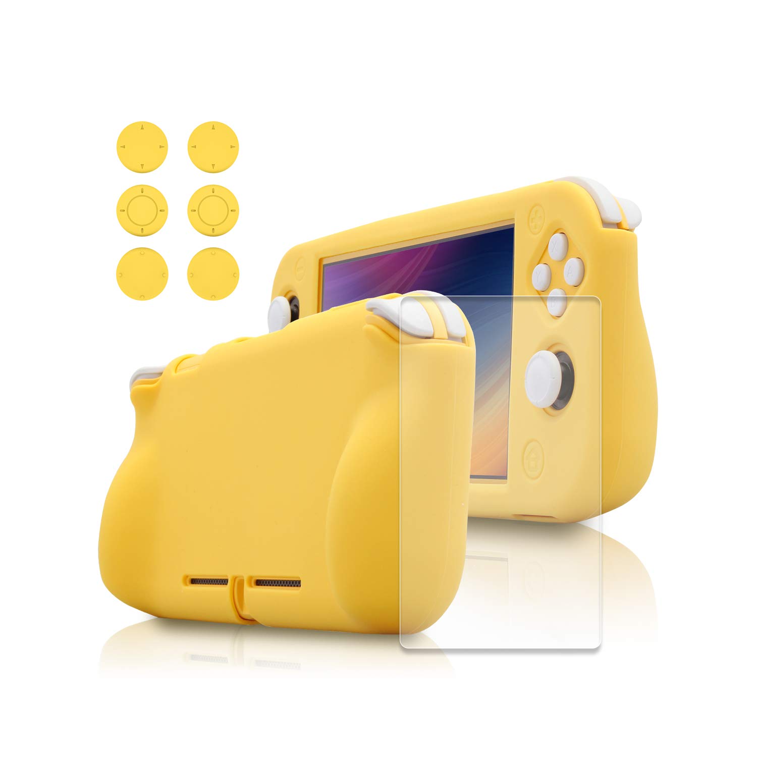Nintendo Switch Lite Protective Grip Case - Soft Silicone Cover with Screen Protector & 6 Thumb Grips (Yellow) | Perfect for Gaming Comfort & Handheld Protection