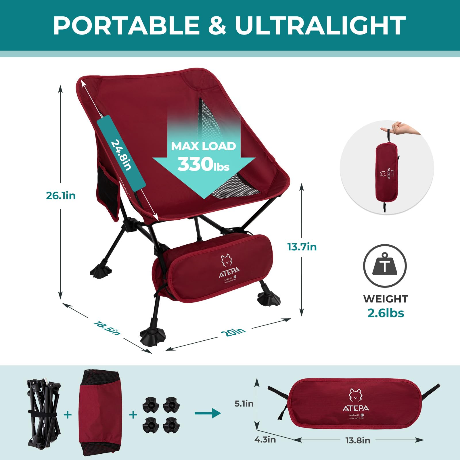 Ultralight Aluminum Folding Camping Chair - Portable Backpacking & Hiking Chair for Adults, Compact Beach Chair with Anti-Sinking Feet - Perfect for Outdoor Adventures, Picnics, Beach Trips & Camping