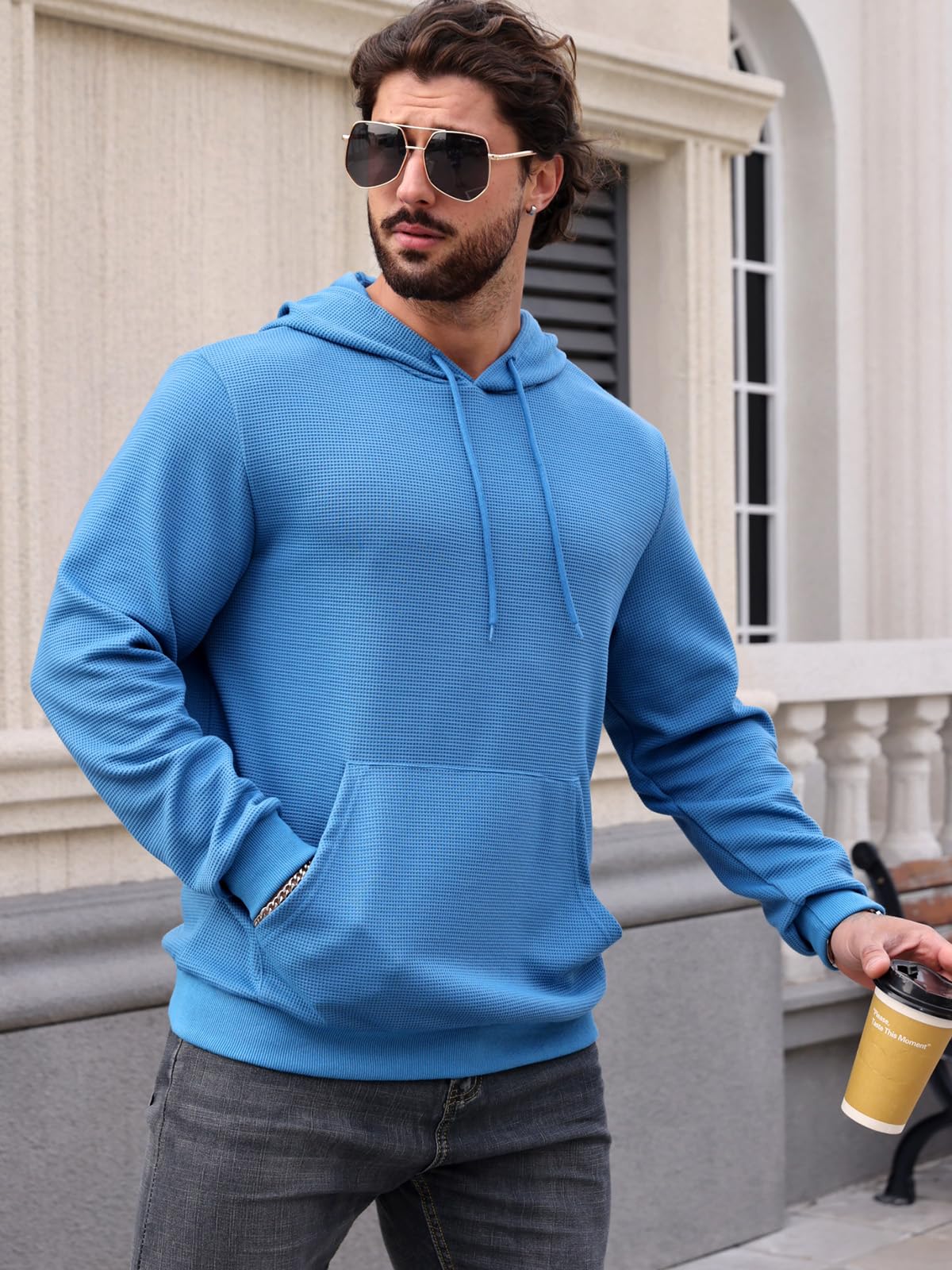 MANSDOUR Men's Casual Long Sleeve Waffle Knit Hoodie with Drawstring & Pocket - Warm Pullover Sweatshirt for Winter, Fall, and Outdoor Activities