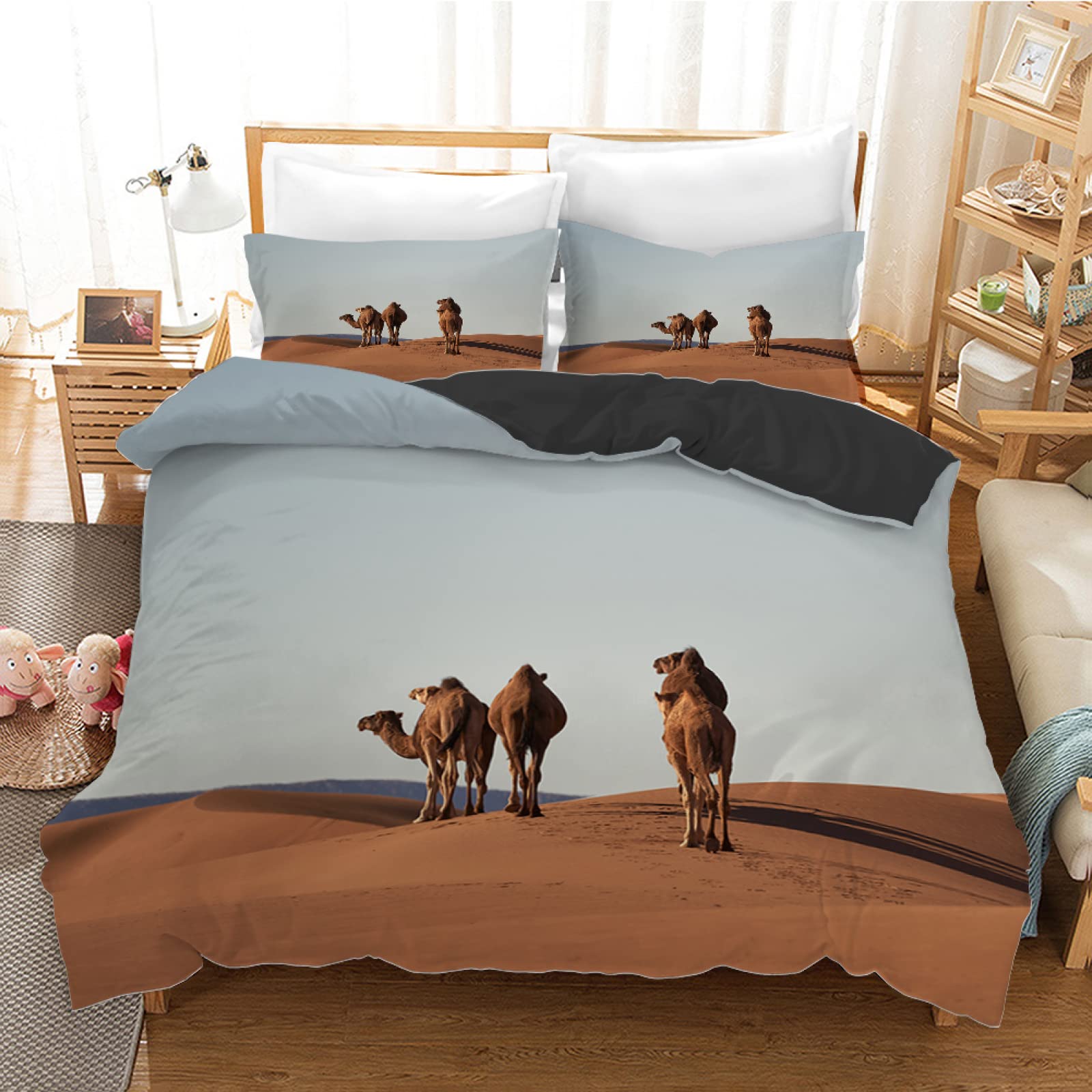 Premium Queen Size Grey Camel Duvet Cover Set - 3 Piece Soft Brushed Microfiber (110g/㎡) with Zipper Closure & 2 Pillow Shams (20×26 inches) for Bedroom, Guest Room or Dorm - Breathable & Wrinkle-Resistant Comforter Cover for All Seasons