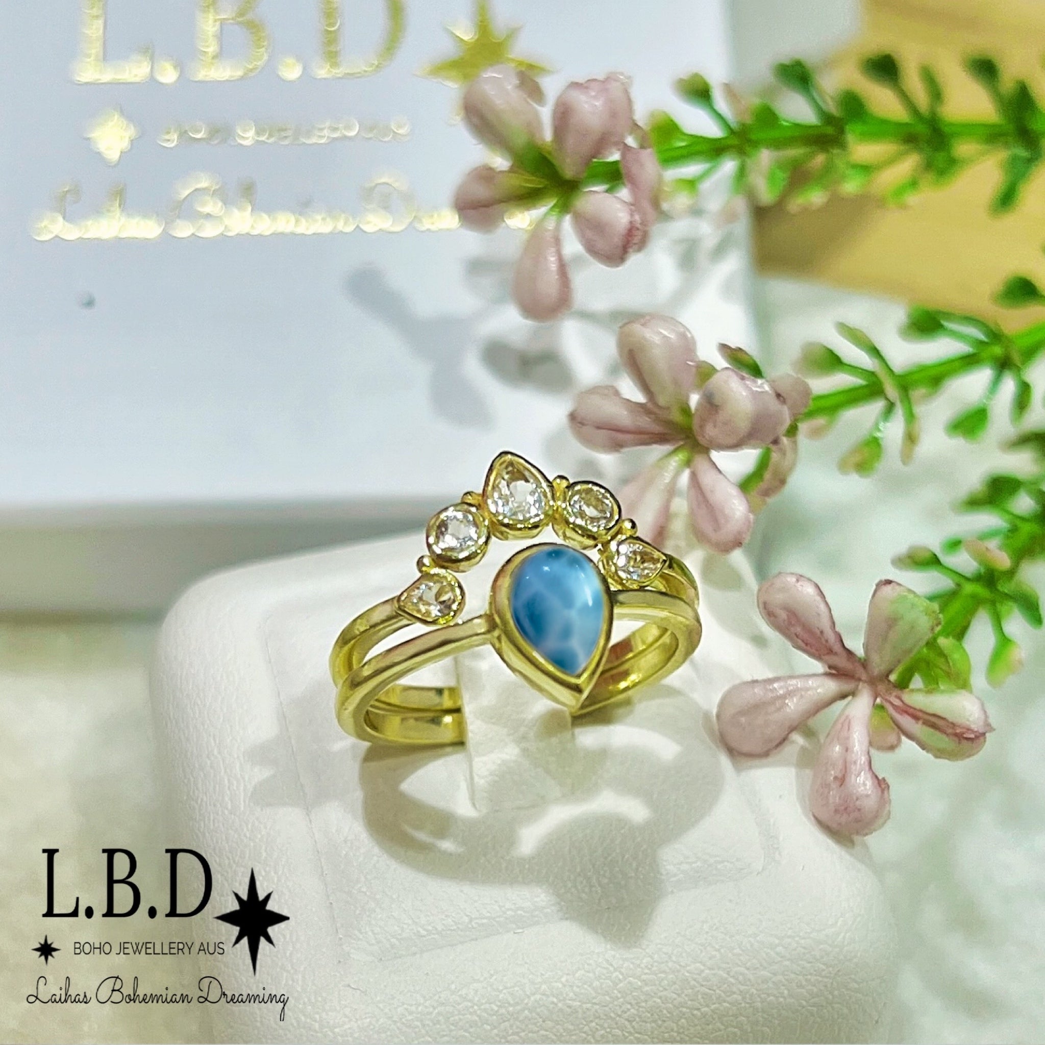 Laihas Queen of Cups Gold Topaz & Larimar Ring Set – Elegant Jewelry for Women, Perfect for Gifts, Parties & Special Occasions