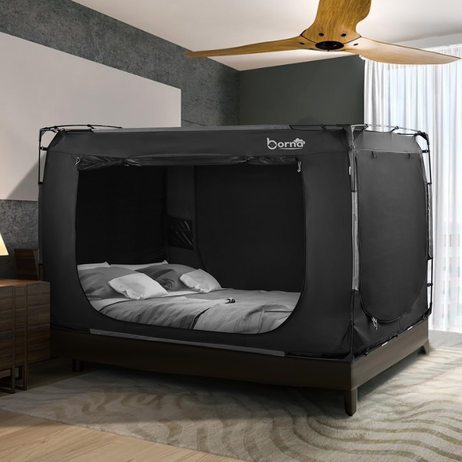 BORNA Full Size Bed Tent - Portable Sleeping Canopy for Kids & Adults, Breathable Privacy Bed Tent with 3 Doors (Mattress Not Included) | Perfect for Camping, Sleepovers & Indoor Privacy